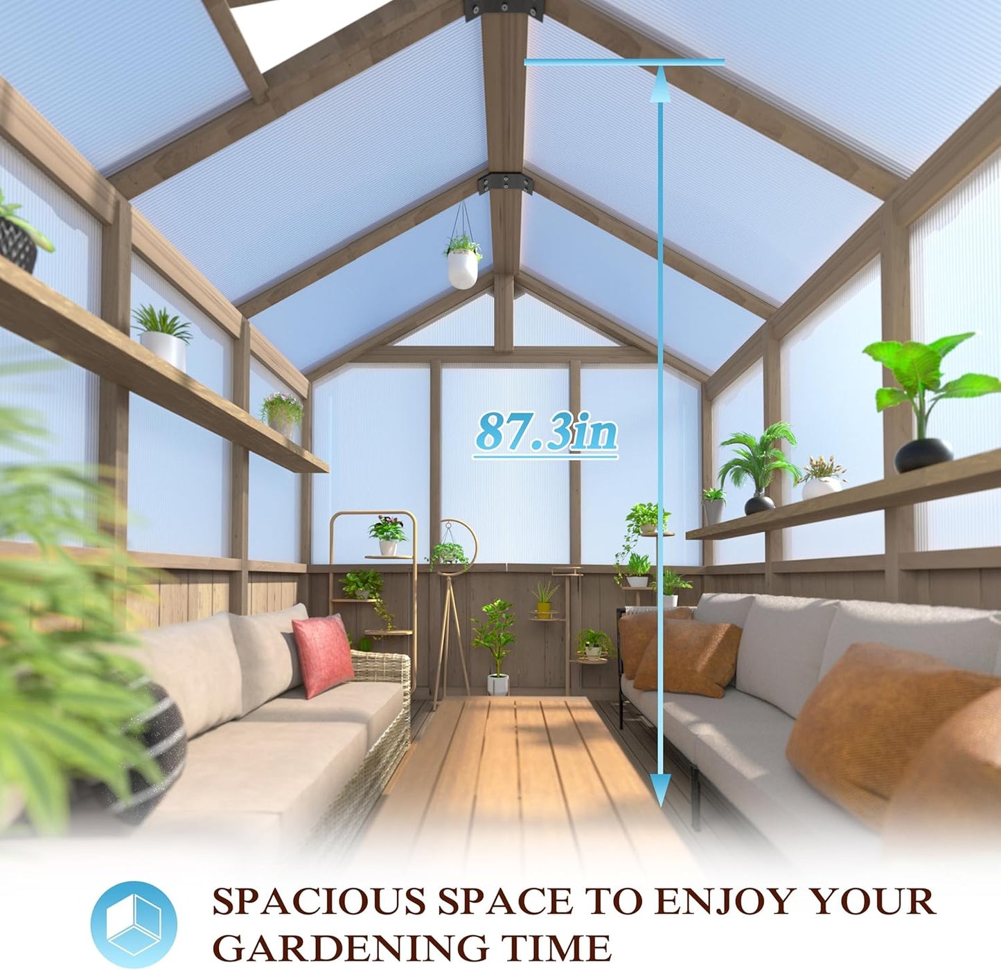 8x16 FT Greenhouse for Outdoor, 6MM Thick Polycarbonate Panel Wooden Walk-in Green House with Adjustable Roof Vents and Lockable Door, Backyard Garden, Light Mocha Brown