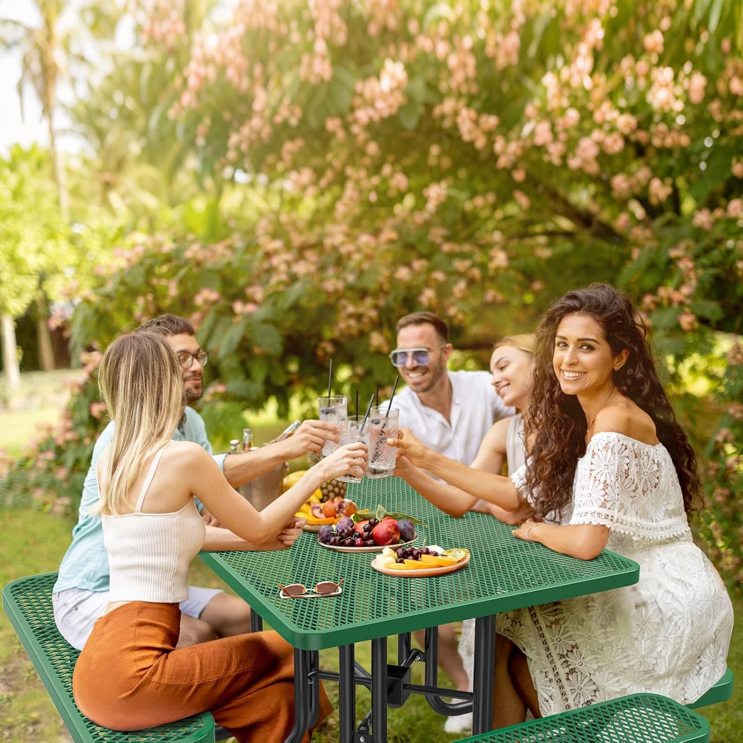 Heavy-Duty Park Bench or Table for Outside - Black Coated Outdoor Furniture Steel Bench, Commercial-Grade Outdoor Benches Weatherproof for Park, Patio, Porch (Green, 46” (Sq. Table))