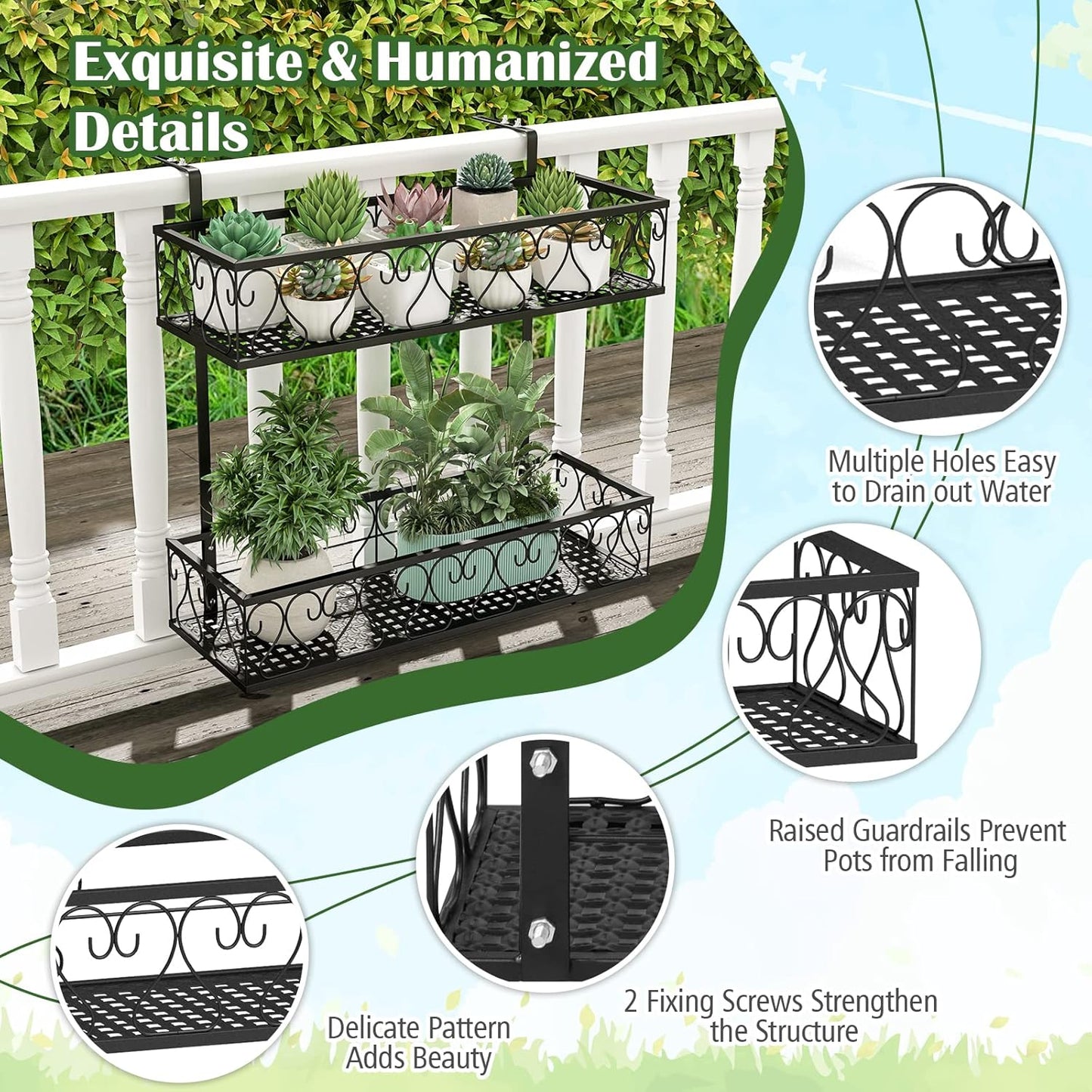 LDAILY 2-Tier Hanging Flower Rack, Hanging Flower Pot Holder w/Adjustable Hooks, Railing Basket Shelf Metal Potted Plant Container for Balcony, Porch & Fence, Easy Assembly, Black