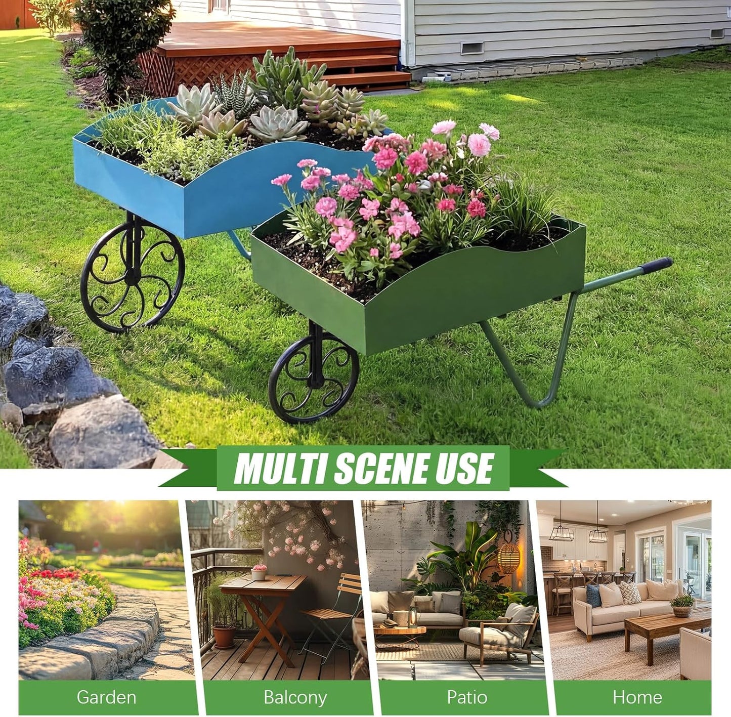 BBTO 2 Pcs Metal Wagon Planter Flower Cart Wheelbarrow Flower Pot Stand with Wheels, Handle - Vintage Garden Wagon for Vegetables Herbs, Indoor Outdoor Decorative Cart for Home Balcony Patio Backyard