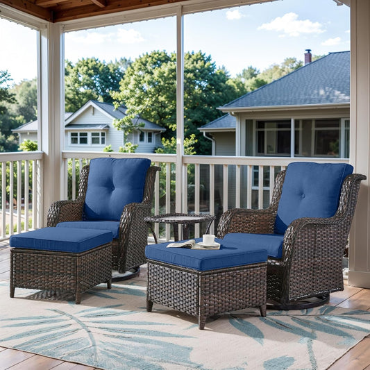 5 Pieces Patio Furniture Sets Wicker Outdoor Furniture, Rattan Patio Swivel Glider Chairs with 2 Ottoman and Glass Side Table