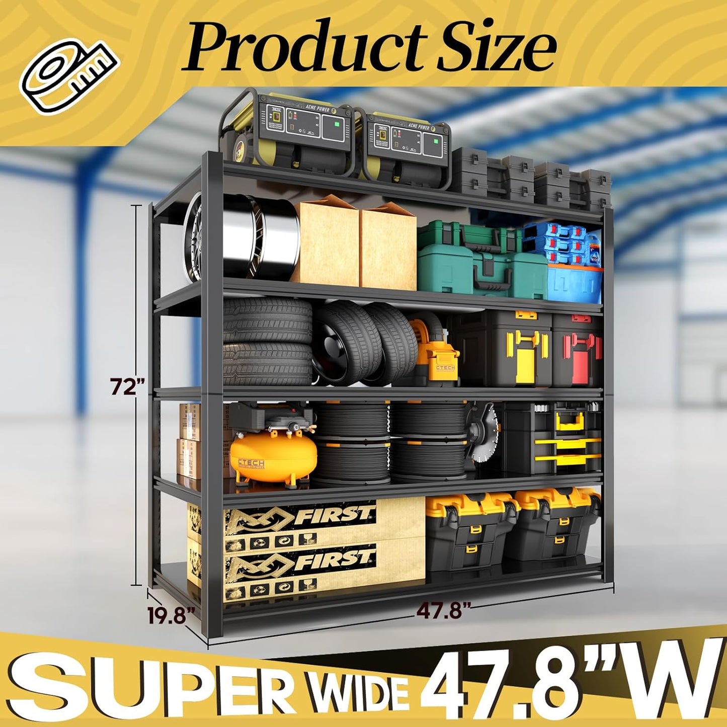 47.8" W Heavy Duty Garage Shelving 3000LBS Storage Shelves, Adjustable 5-Tier Storage Rack, Metal Shelves for Garage/Warehouse/Basement, 47.8" W x 19.8" D x 72" H, 4 Pack