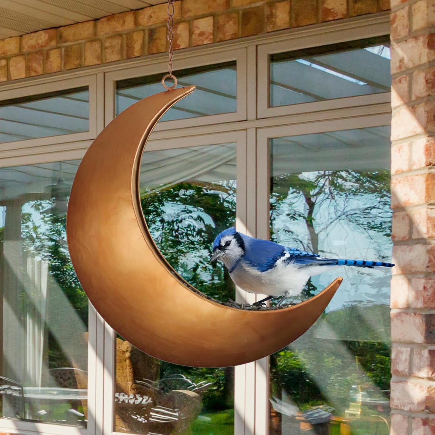 Hanging Moon Bird Feeder – Unique Metal Bird Feeders for Outdoors, Antique Gold, Rust-Resistant, Drain Holes – Wild Bird Feeder for Bluebirds, Cardinals, Finches, and Backyard Birdwatching