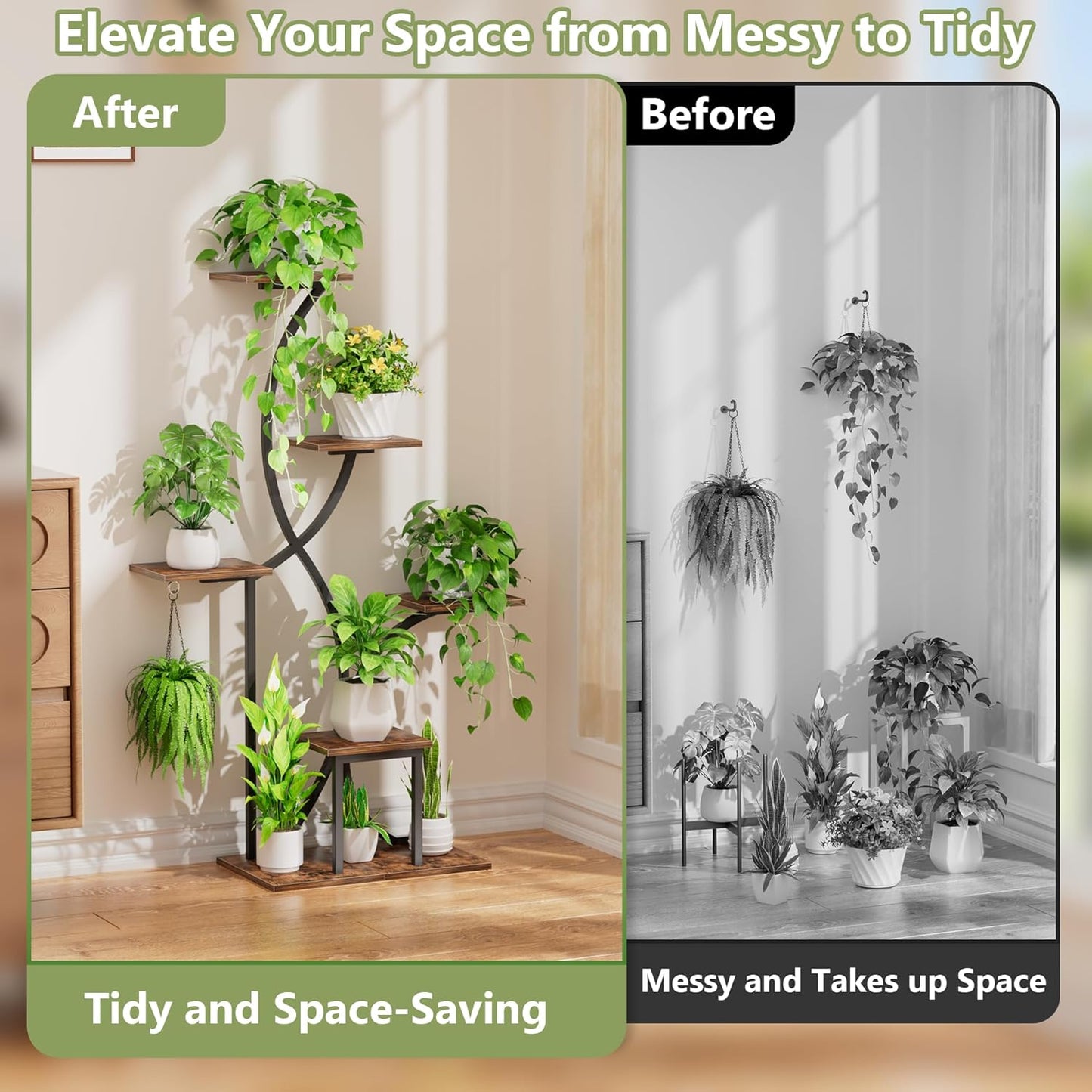 Plant Stand Indoor with Grow Lights, 6 Tiered Indoor Plant Shelf, 48'' Corner Plant Stands for Indoor Plants, Lighted S-Shaped Plant Rack, Tall Flower Holder Display for Living Room, Home (Black)