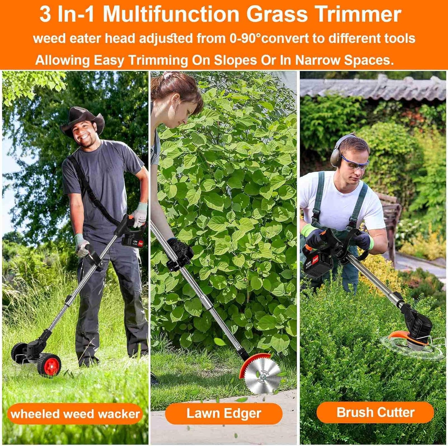 Electric Weed Wacker Cordless,24v Weed Eater Battery Powered 3 In 1 Lightweight Grass Trimmer With 2 4.0 Ah Batteries & Charger, Weed Eater With Blade & Wheels For Women,Lawn Care,Garden,Yard (Orange)