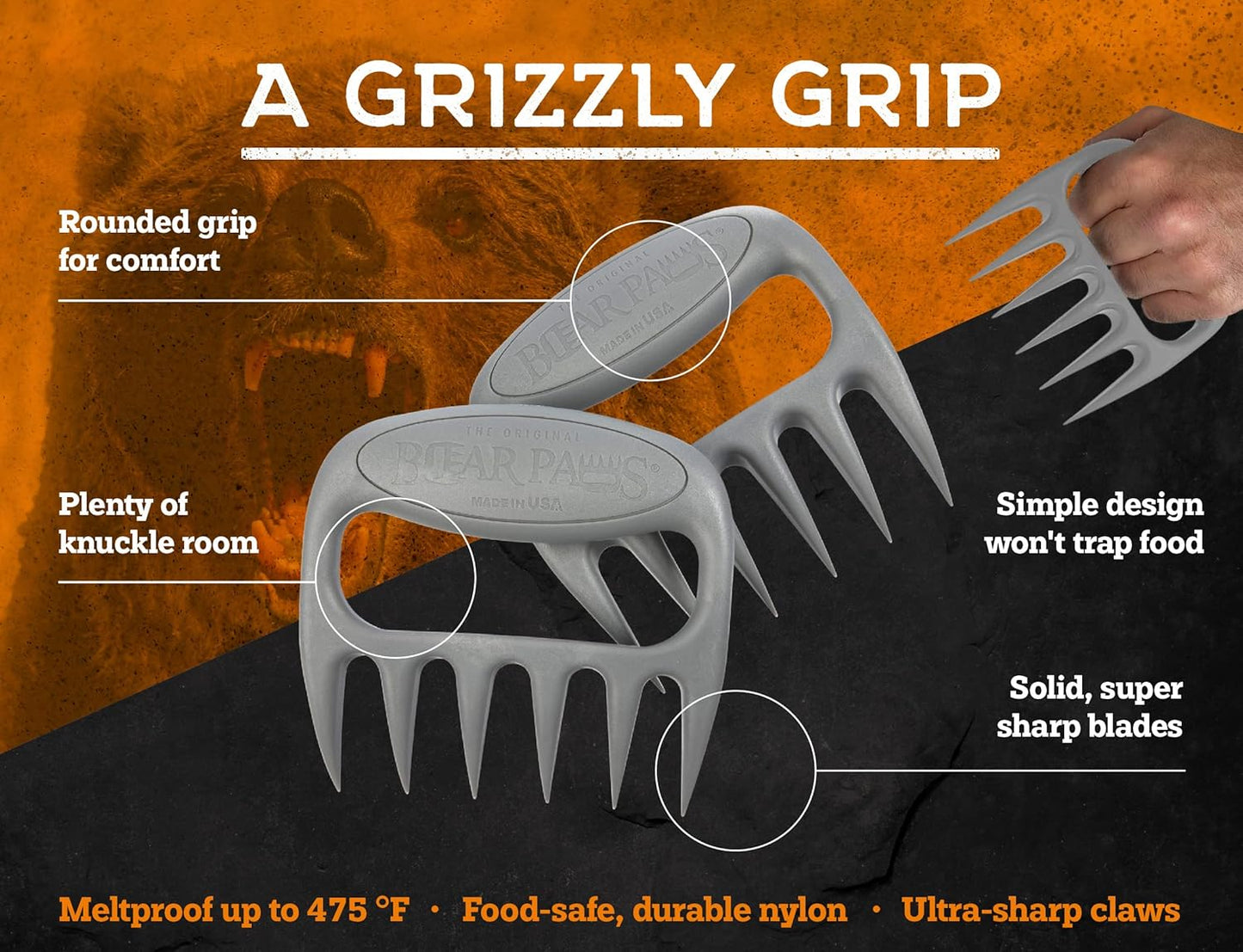 Bear Paws Meat Claws - The Original Meat Shredder Claws for Pulled Pork, USA Made - Easily Lift, Shred, Pull and Serve Pork, Chicken, Brisket and Turkey - Gift for Dad on Father's Day! (Gray) - Lumora Garden