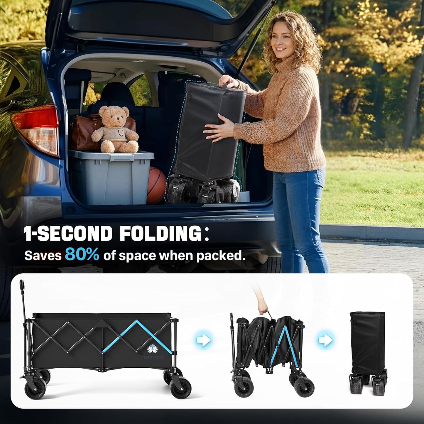 48" XL Collapsible Wagon Cart, 400L Heavy Duty Folding Wagon with All-Terrain Wheels, 560 lbs Capacity Utility Wagon for Camping, Garden, Sports, Beach and Shopping