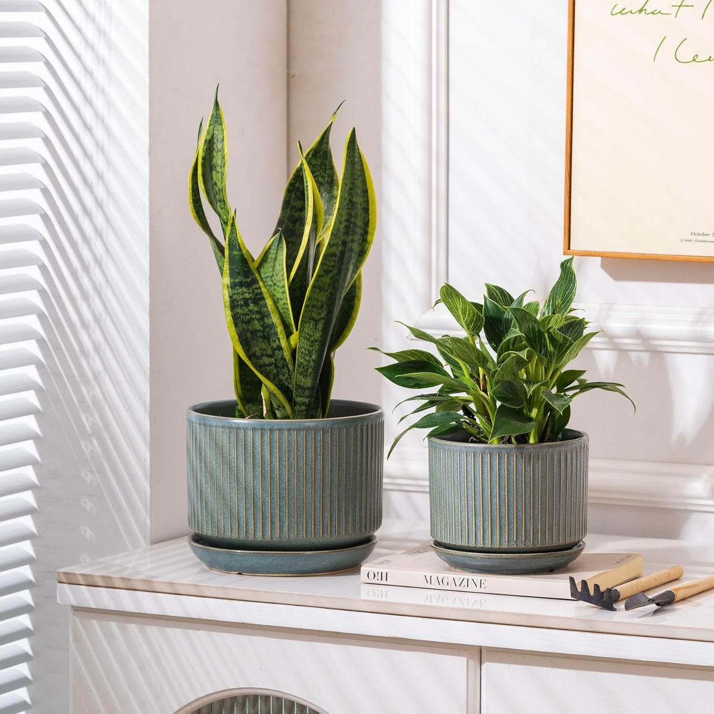 SURE YUESI Ceramic Plant Pots Set of 3, Indoor Outdoor Planters with Drainage Hole and Saucer, Ceramic Flower Pots for Indoor Plants, 4.3+5.5+6.8 Inch, Home, Garden, Patio and Office, Matte Green