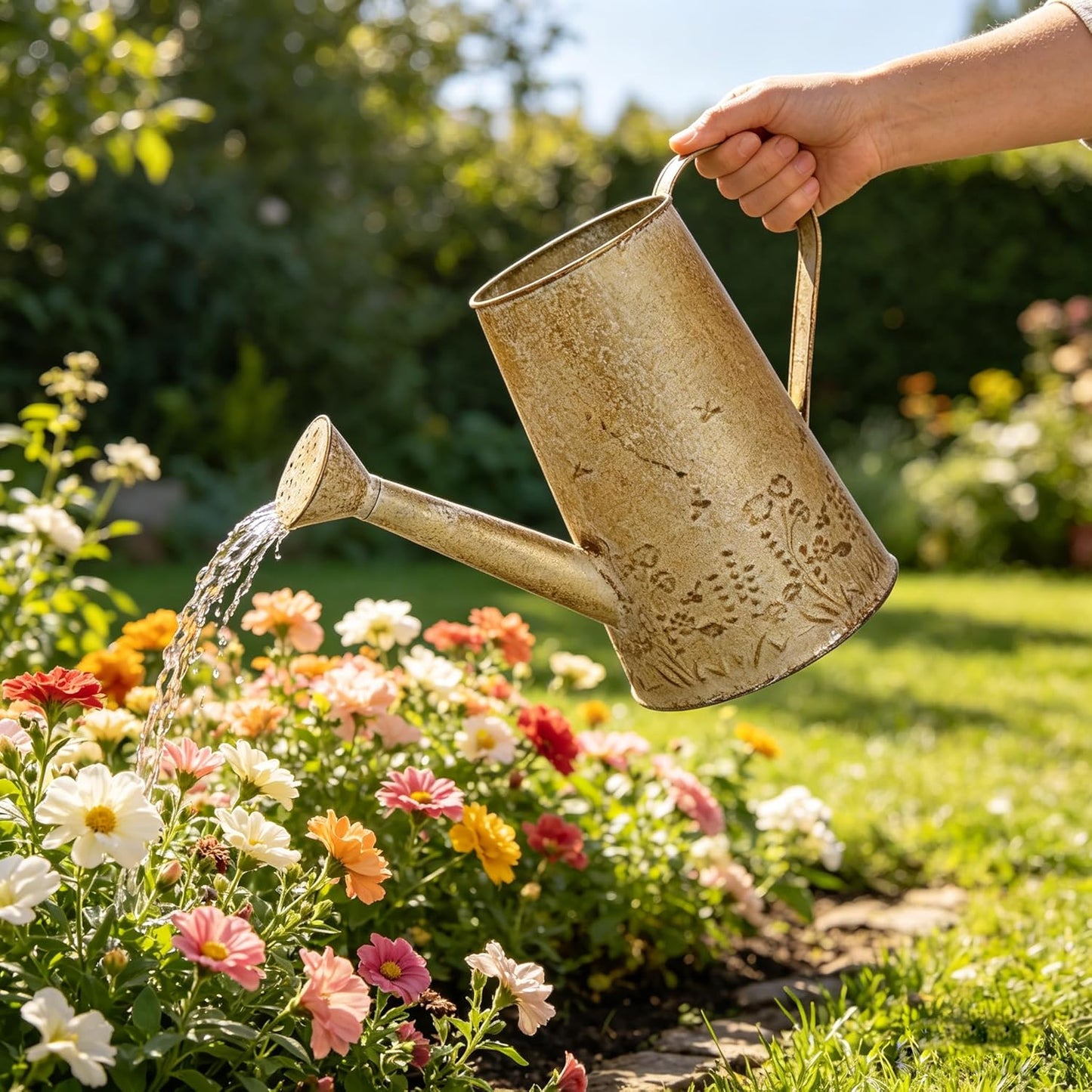 Vintage Metal Watering Can with Floral Embossed Design Garden Distressed Gold Decorative Watering Pot Planter Farmhouse Waterer for Home Indoor Outdoor Garden Balcony Courtyard