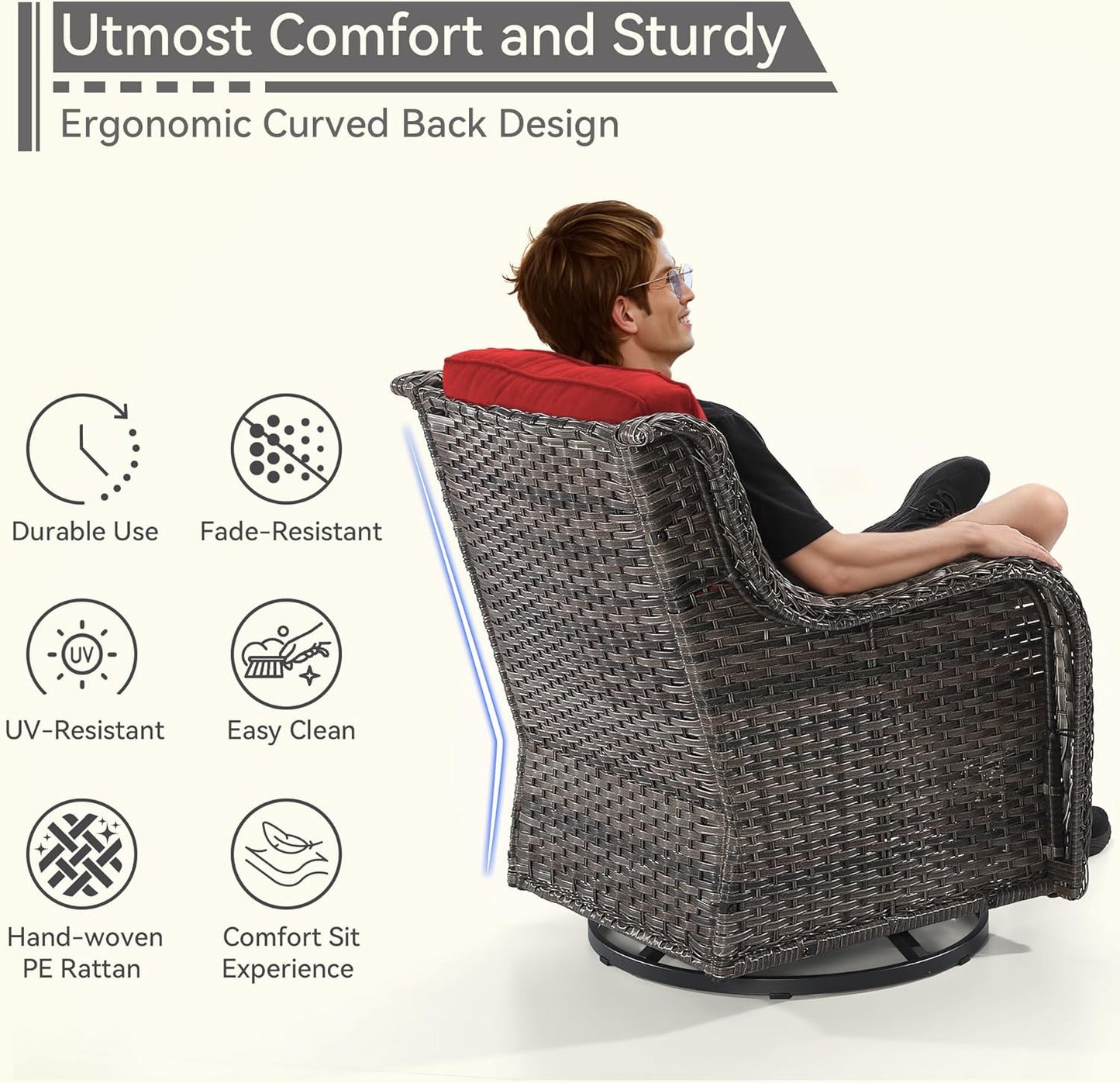 3 Pieces Outdoor Furniture Set - Patio Wicker Swivel Rocker Chair Set of 2 and 1 Side Table, Red, Mixed Brown Rattan, Suitable for Porch, Yard