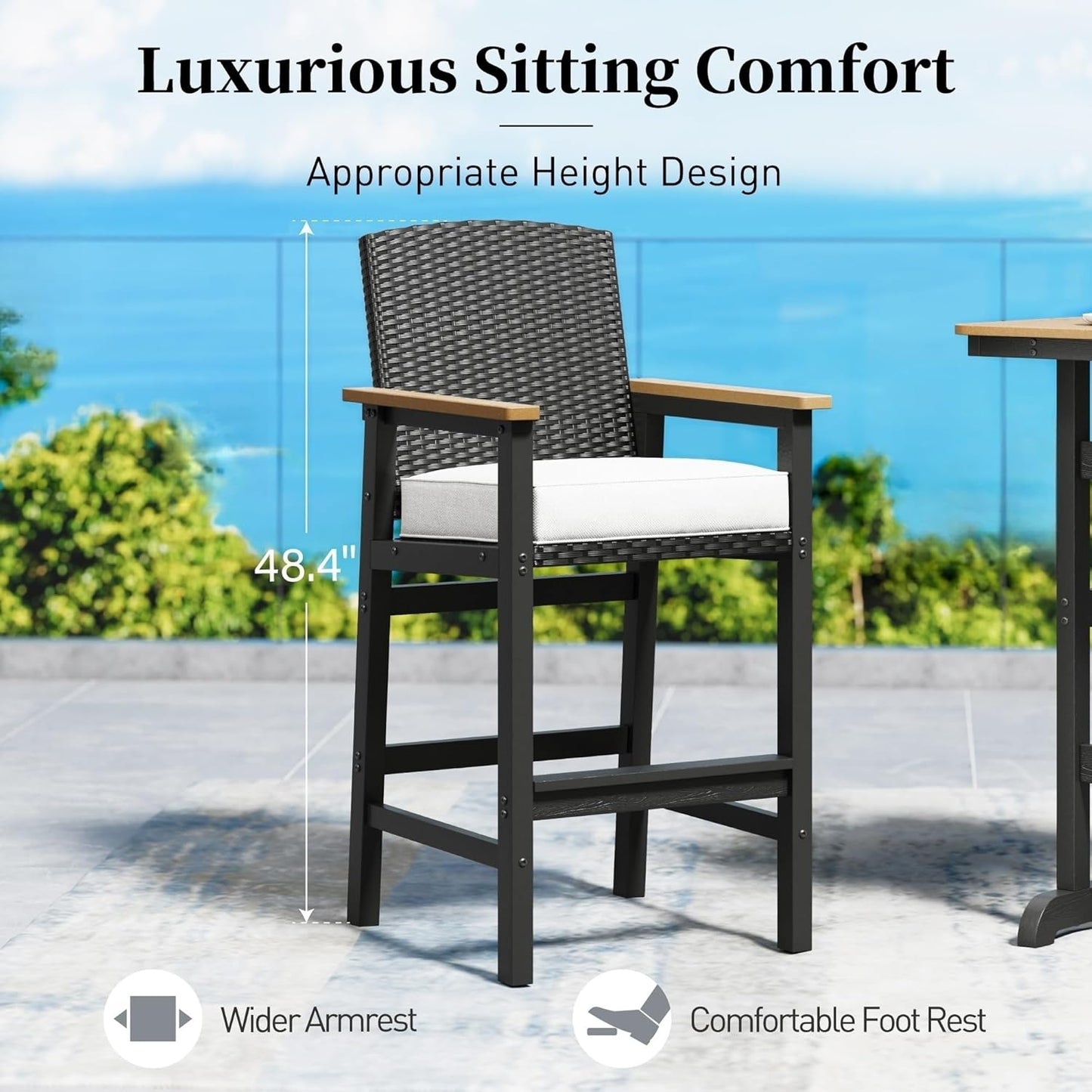 SUNSHINE VALLEY Outdoor Bar Set 3 Piece, All Weather HDPE High Top Table and Wicker Bar Chairs with 3.2” Cushion, Bar Height Patio Set for Backyard Poolside, Black