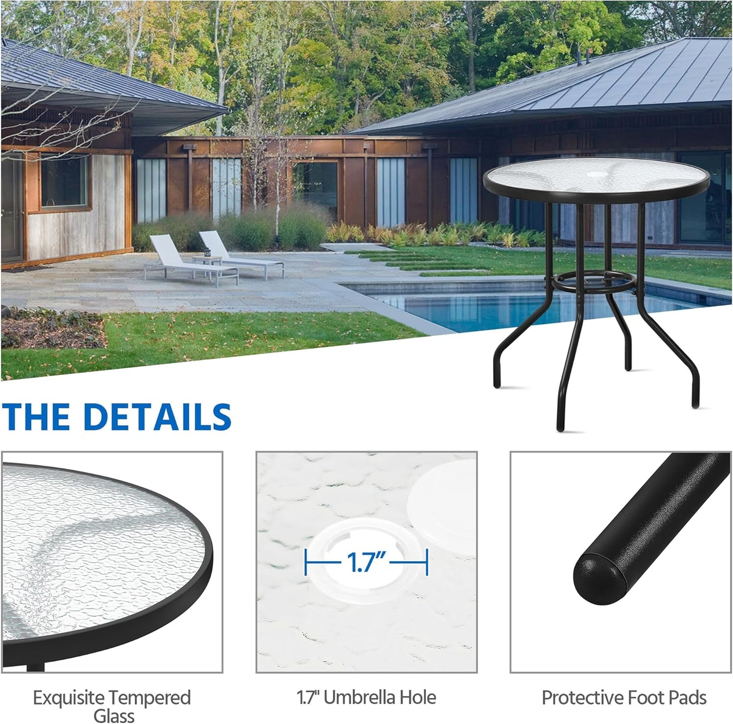 Yaheetech 27.4'' Patio Bistro Table Round Outdoor Coffee Table, Round Tempered Glass Top with 1.7'' Umbrella Hole, Iron Frame for Balcony Backyard Lawn and Garden