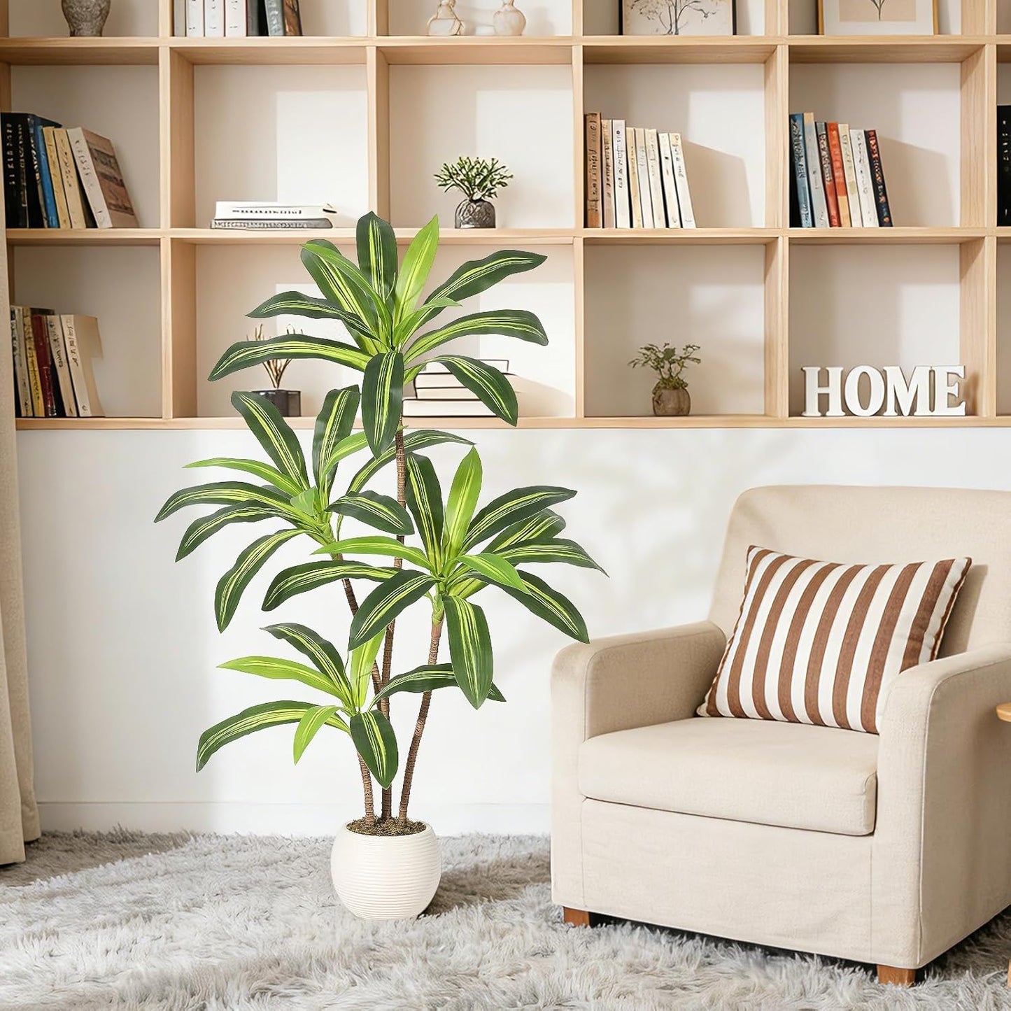 4FT Artificial Dracaena Tree, Artificial Plants Indoor with White Tall Planter, Faux Yucca Silk Tree Fake Tropical Floor Plant in Pot, Fake Plants for Home House Room Office Entryway Porch Decor