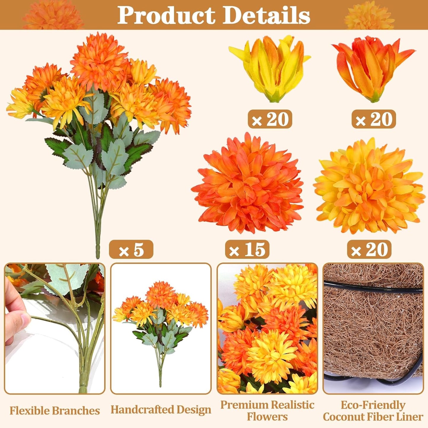 Artificial Faux Fall Mums Hanging Flowers Plants Basket for Outdoor Decor, 75 UV Resistant Fake Silk Orange Yellow Daisy in Planter Real Look for Autumn Porch Home Patio Garden Yard Decoration