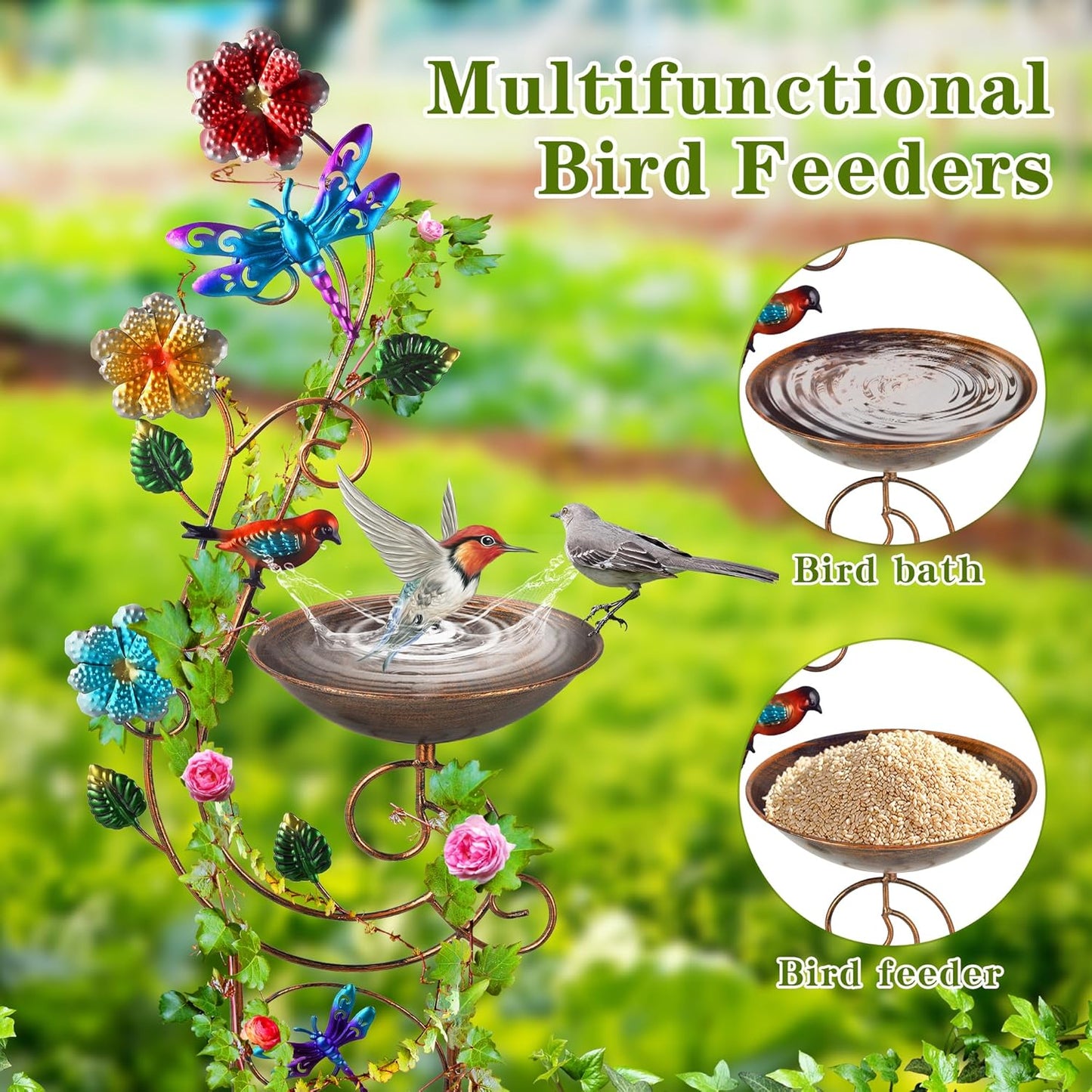 57” Bird Bath with Garden Trellis for Climbing Plants Outdoor, Small Decorative Metal Birdbath Bird Baths, Dragonfly (Dragonfly)