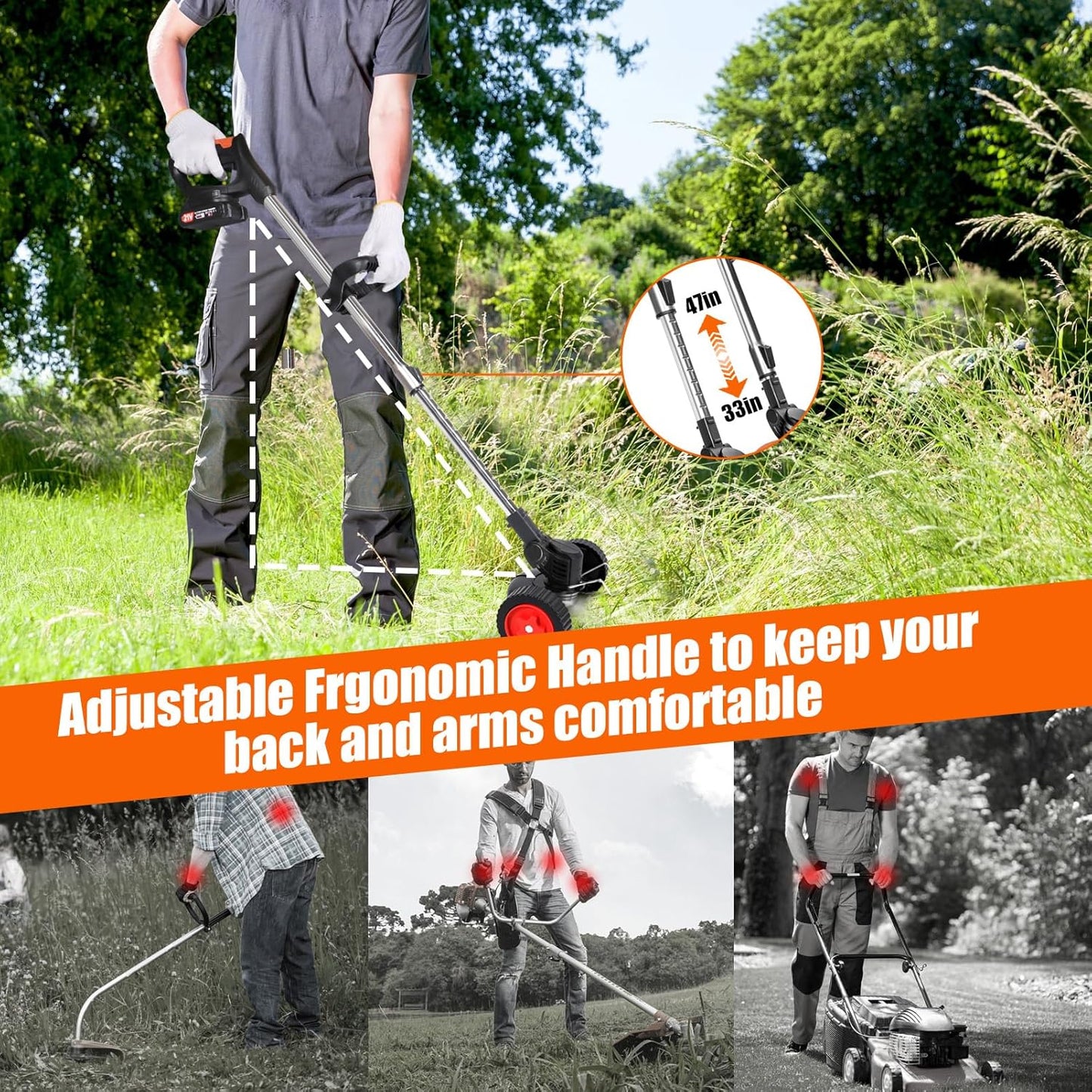 Stringless Weed Wacker Electric Weed Wacker Cordless with Wheels, 2pcs Batteries&4 Types Blades,Lightweight, 21V Weed Trimmer 3-in-1 Grass Trimmer/Brush Cutter/Edger, for Thick Weeds&Yard Garden