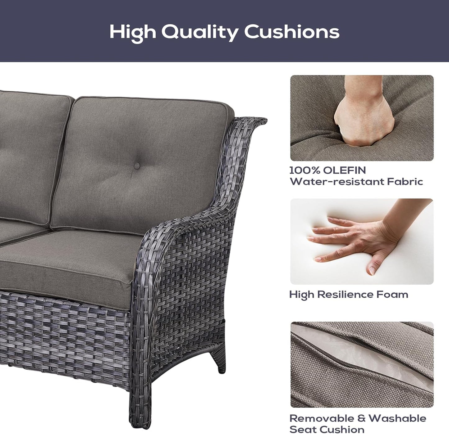 Outdoor Patio Furniture Set with 50000BTU Propane Fire Pit Table, 4 Pieces Wicker Patio Conversation Set with 2 Swivel Rocker Glider Chairs Rattan Sofa Grey Cushion Perfect for Gathering