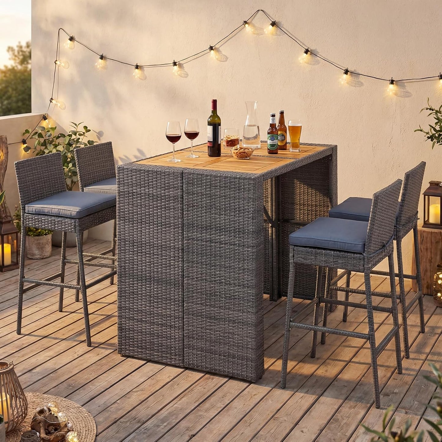 Tangkula 5 Piece Wicker Outdoor Bar Set, Patiojoy Acacia Wood Patio Table and Chairs Set with Bar Height Table & 4 Rattan Bar Stool, Backrest and Footrest for Pool Backyard Deck