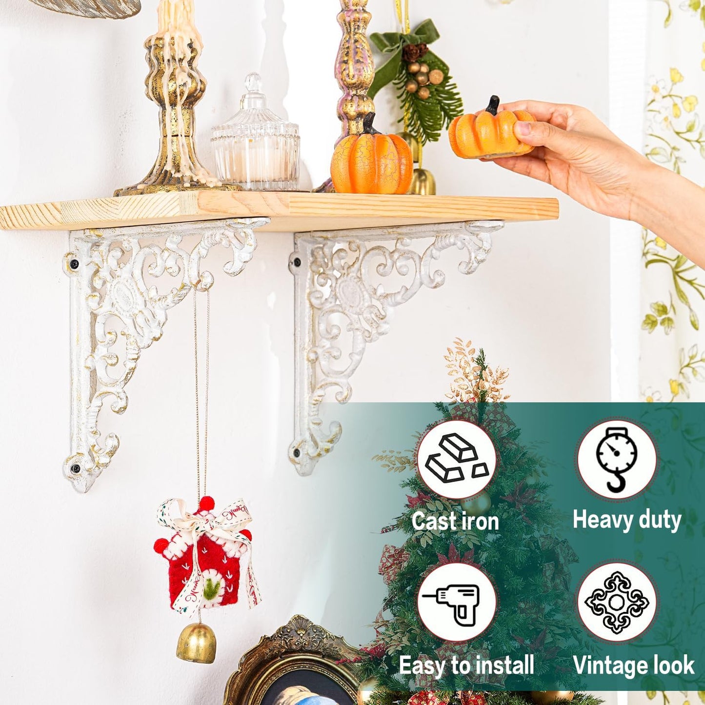 Sungmor Vintage Cast Iron Shelf Brackets - Ornate Decorative Corner Shelf Supports, 2 Pack Garden Wall Hanging Bracket - 7.7 Inch Rustic White Metal Corbels with Scroll Design, Indoor Outdoor Use