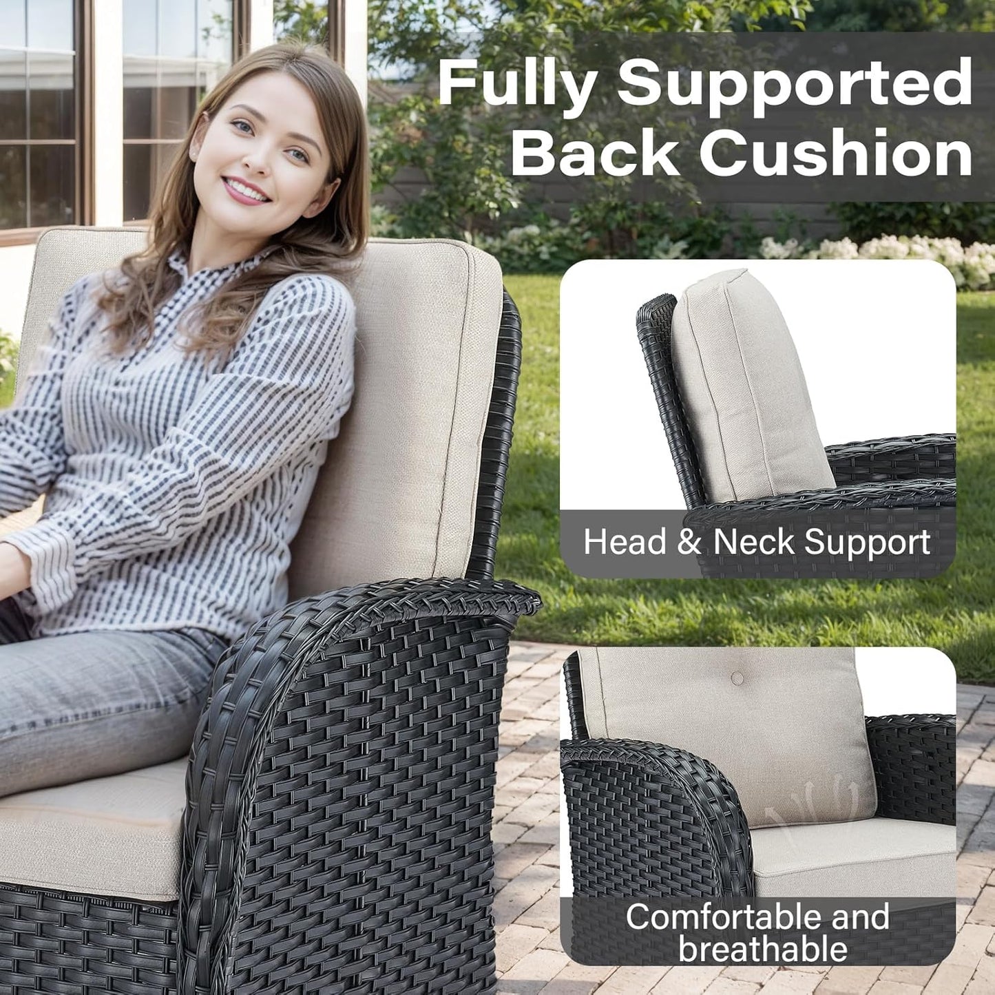 6 Pieces Wicker Patio Conversation Sets with Outdoor Swivel Rocker Chairs and Loveseat Glider Chair, All-Weather Rattan Furniture Set for Deck Patio Sunroom Backyard Black