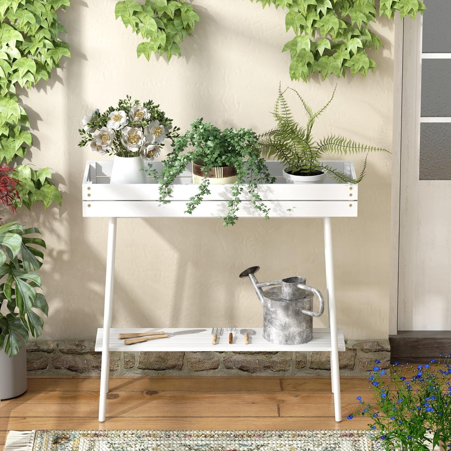 BAMBANG Bamboo Plant Stand Indoor, 2 Tier Small Plant Table, Tall Plant Stand for Indoor Plants, Window Sill Plant Shelf, Flower Pot Holder Plant Bench Plant Rack for Living Room Outdoor, White