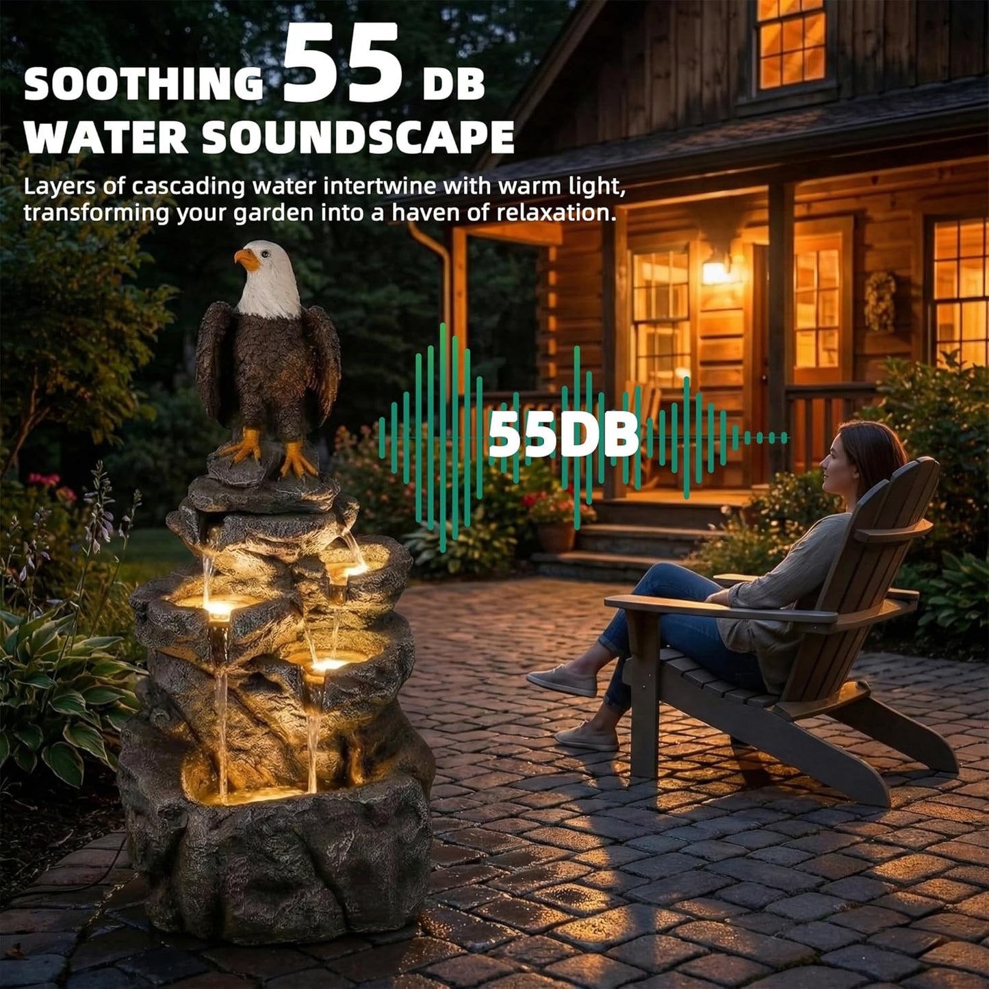 5 Tier Garden Fountain with Bald Eagle Statue, Outdoor Resin Water Feature with 4 LED Lights & Pump, Rock Cascading Waterfall Fountain for Patio Yard Porch Balcony and Home Art Decor