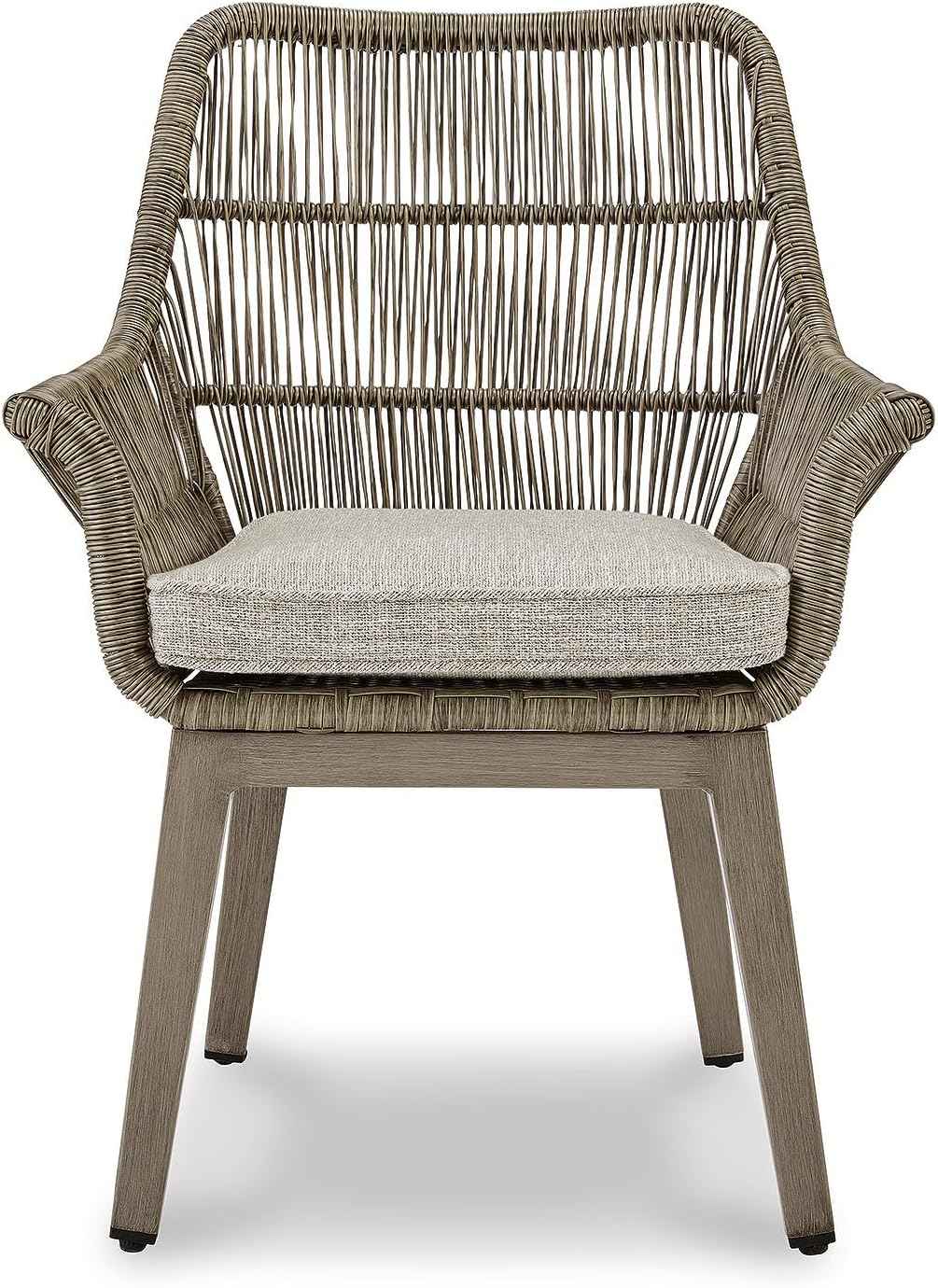 Signature Design by Ashley Beach Front Casual Outdoor Arm Chair with All-Weather Cushion, Set of 2, Resin Wicker with Aluminum Frame, 18.5" Seat Height, Beige
