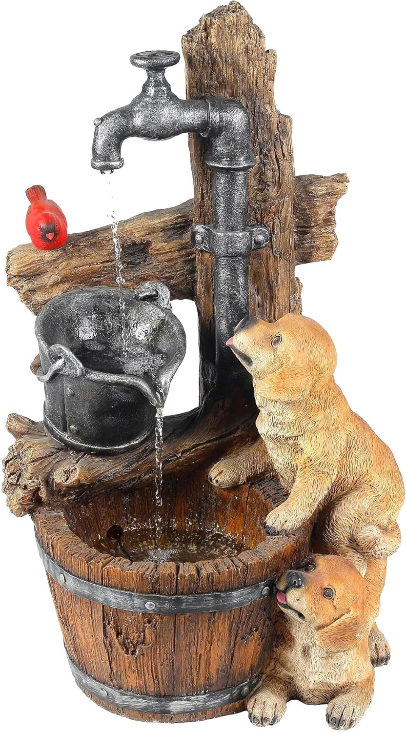 LuxenHome Water Fountain Outdoor, 30" Rustic Outdoor Water Fountain with LED Lights, Rustic Barrel Puppy and Pump Water Feature Outdoor, Garden Fountains Outdoor Patio, Porch, or Indoor Entryway