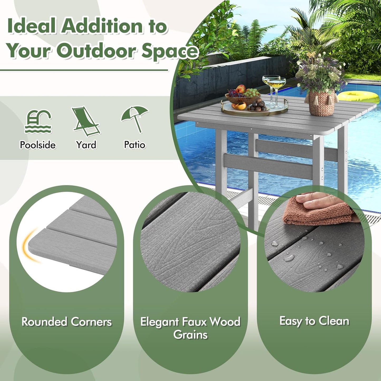 Giantex 42" Height Outdoor Tall Bar Table, HDPE Square Pub Tables with Wood Grains, High Top, Cocktail Bistro Table for Adirondack Chairs, Patio, Garden, Poolside, Yard, Balcony, Grey