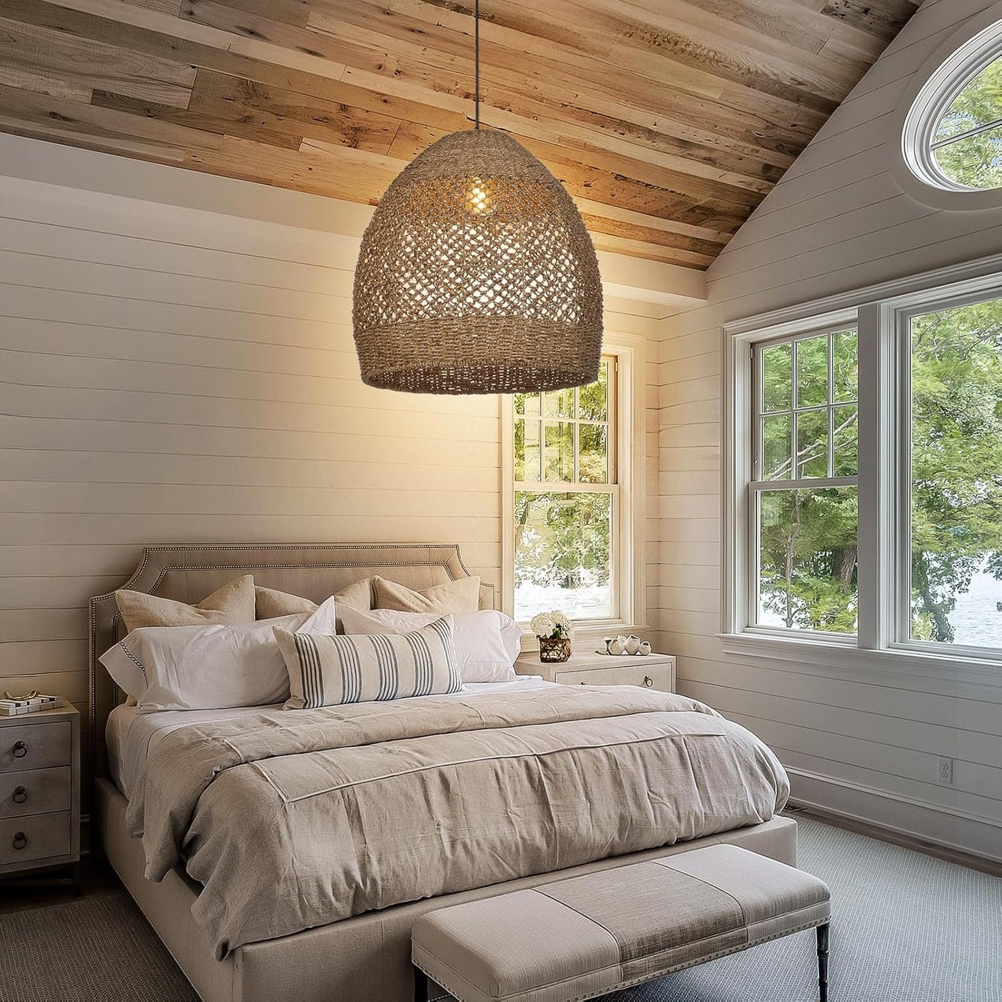 Arturesthome Boho Chandelier, Rustic Rattan Basket Woven Pendant Light Coastal Light Fixture, Farmhouse Wicker Hanging Lighting for Dining Table Kitchen Island Bedroom D17.7in