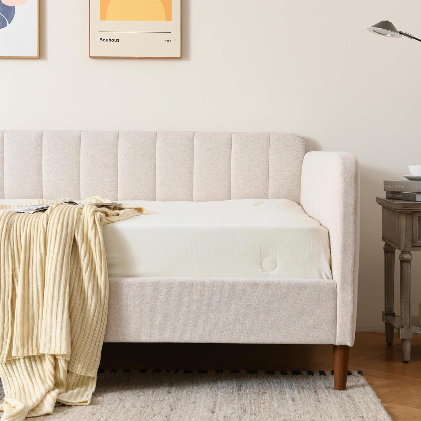 YUHUASHI Twin Size Upholstered Daybed with Wood Slat Support, Daybed Frame for Living Room, Bedroom, Guest Room, No Box Spring Needed (Ivory, Twin)