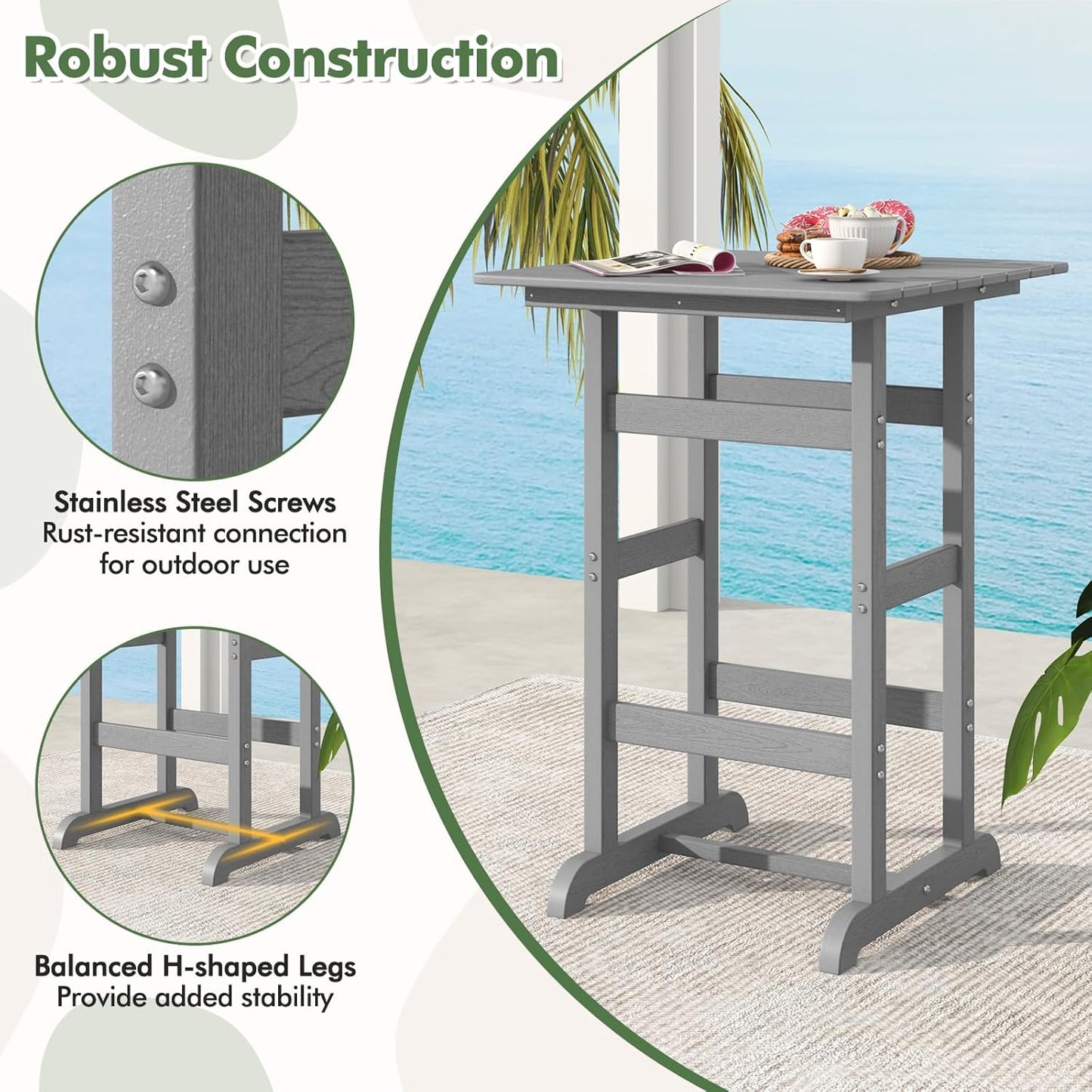 Giantex 42" Height Outdoor Tall Bar Table, HDPE Square Pub Tables with Wood Grains, High Top, Cocktail Bistro Table for Adirondack Chairs, Patio, Garden, Poolside, Yard, Balcony, Grey