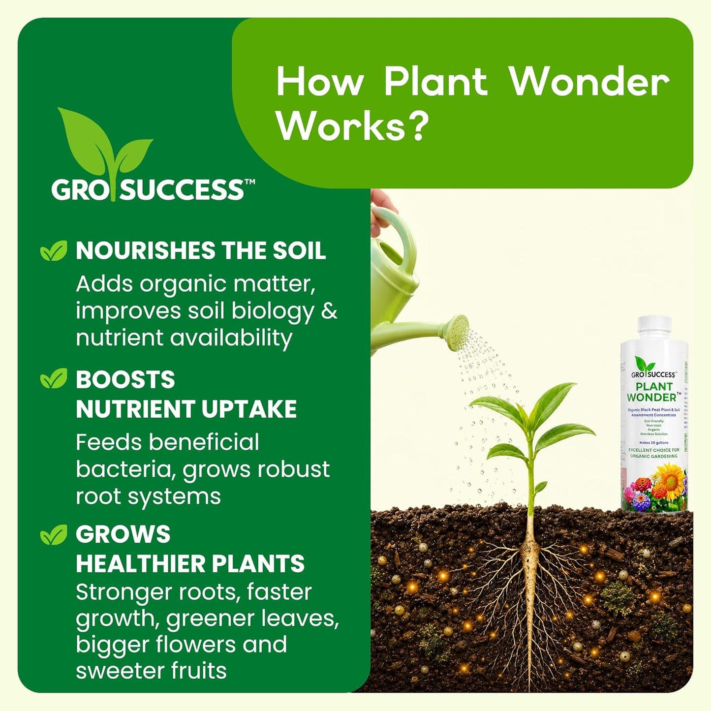 Organic Plant Fertilizer Liquid Concentrate – Plant Food for Indoor & Outdoor Plants, Vegetables & Lawn – Soil Booster with Humic & Fulvic Acid – 16 oz – GroSuccess PlantWonder
