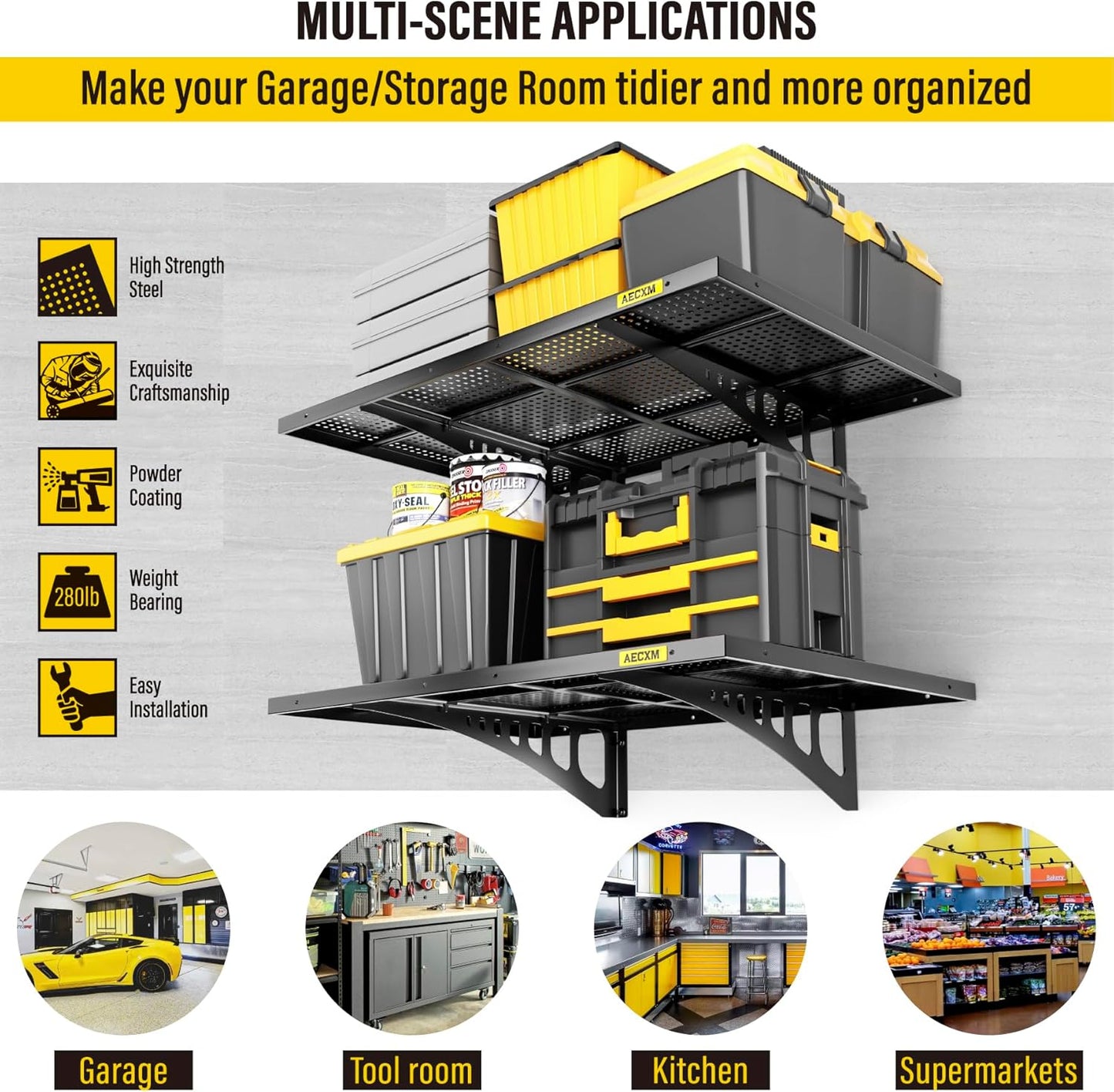 2-Pack 2x3ft Adjustable Garage Wall Shelving 560lbs Load Capacity Heavy Duty Wall Mounted Storage Shelf Metal Floating Shelves for Garage(Black)