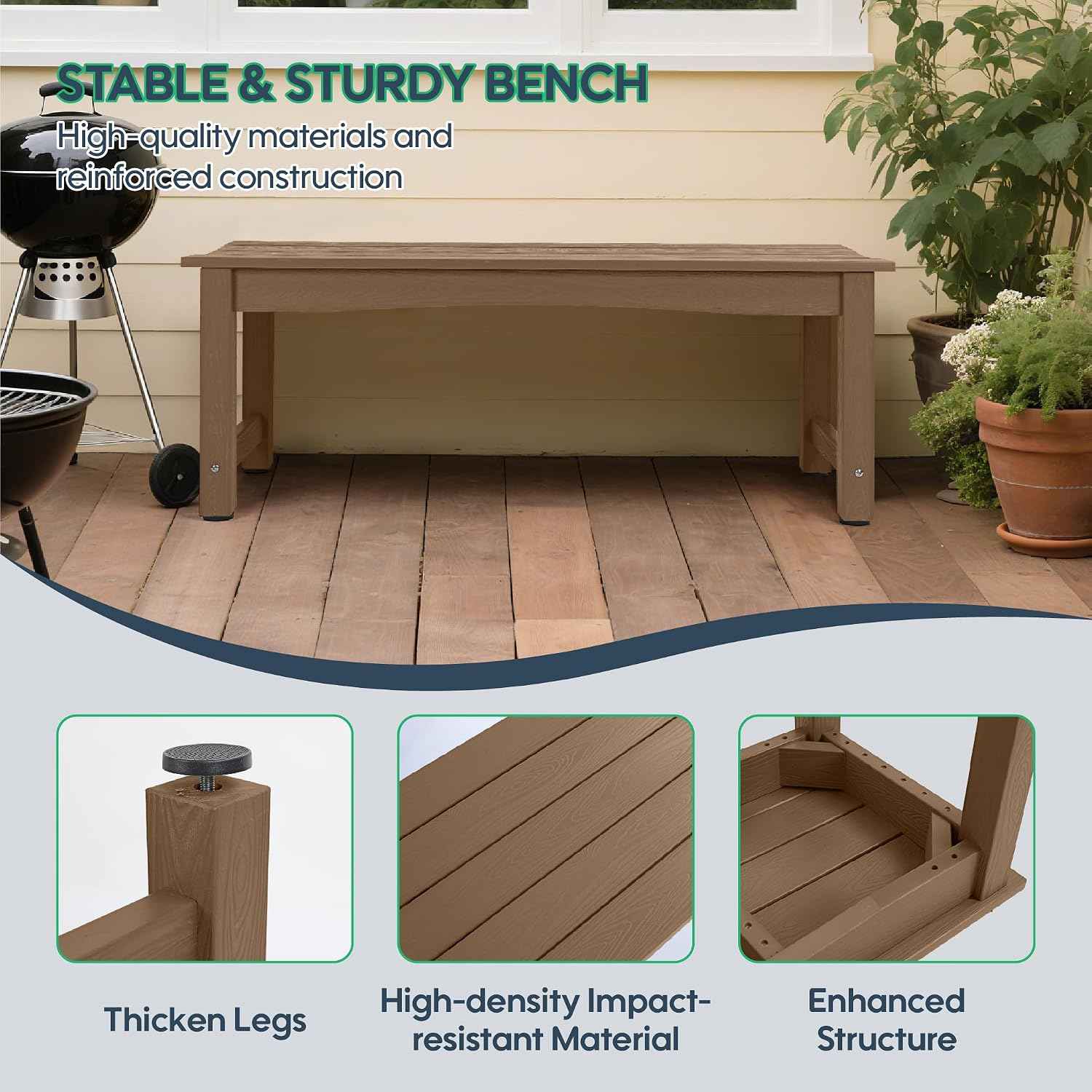 Weatherproof HIPS Outdoor Bench, 2-Person Patio Dining Bench, All-Weather Poly Lumber Garden Bench, Never Rot or Fade, Park Bench with Wood Grains for Porch, Deck, Entryway, Dark Brown