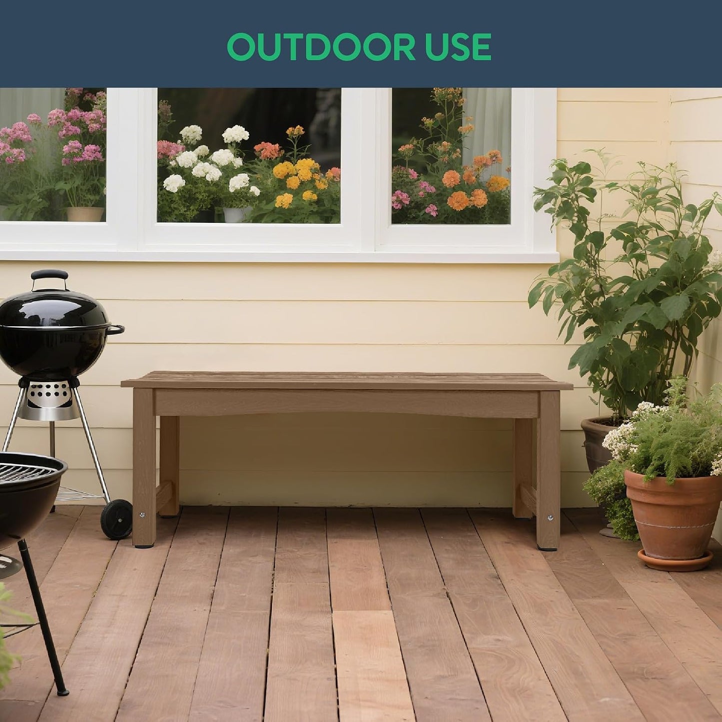 Weatherproof HIPS Outdoor Bench, 2-Person Patio Dining Bench, All-Weather Poly Lumber Garden Bench, Never Rot or Fade, Park Bench with Wood Grains for Porch, Deck, Entryway, Dark Brown