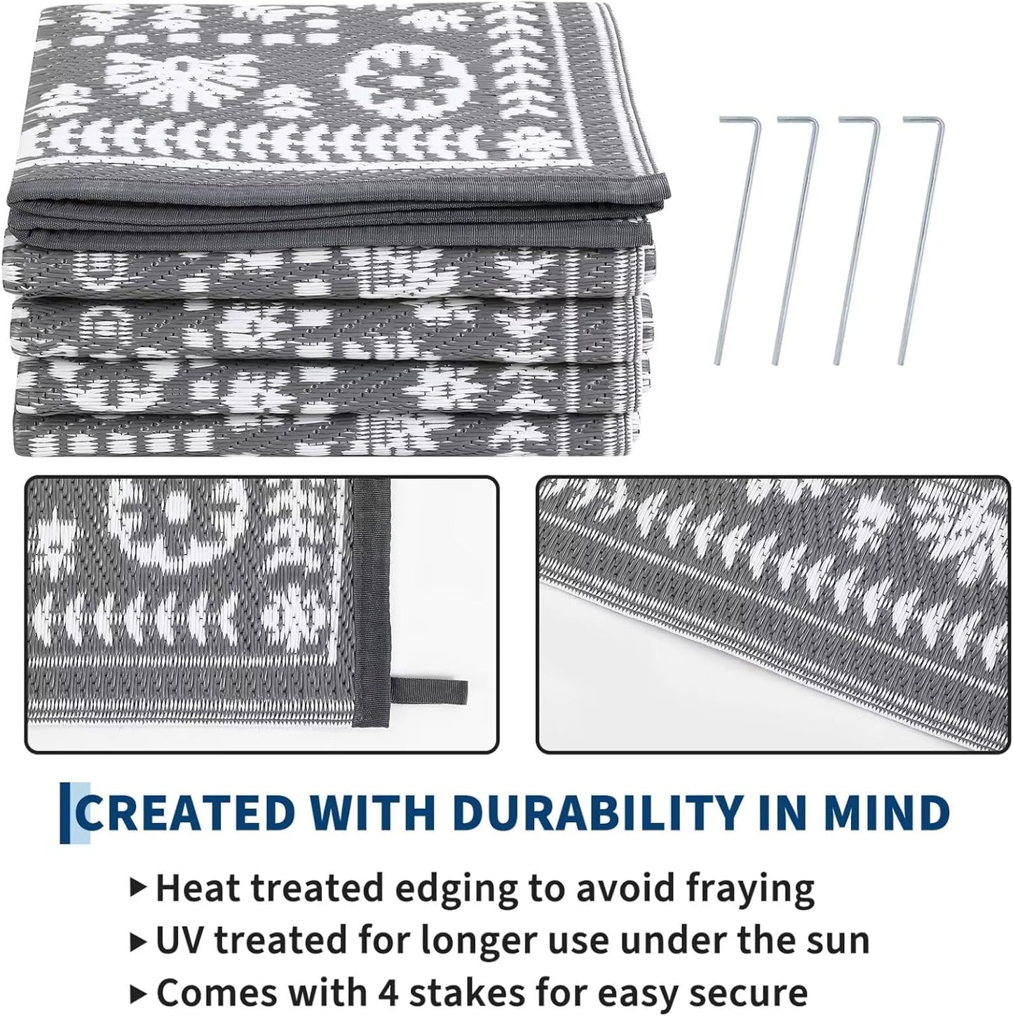 Garvee Reversible Outdoor Rug 5x8 for Patio, Waterproof Outdoor Area Rug, Boho Medallion Indoor Outdoor Carpet for Porch, Plastic Straw Rug for RV, Camping, Deck, Vintage Grey