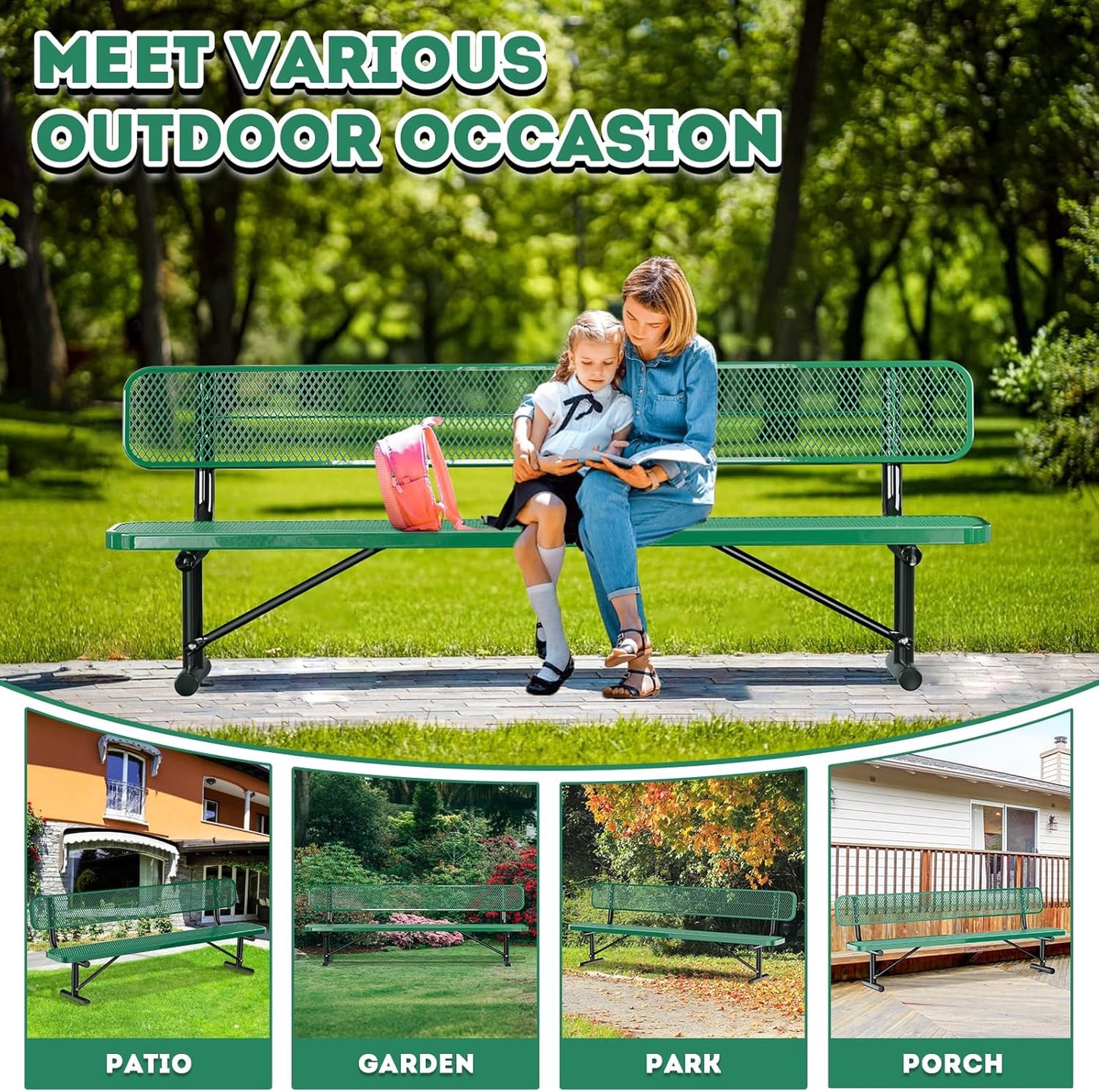 Outdoor Garden Bench, Cast Iron Metal Frame Patio Park Bench with Backrest, Portable Expanded Metal Black Bench, Commercial-Grade Outdoor Seating for Lawn, Patio, Park, Yard, Garden (Green, 8FT/96'')