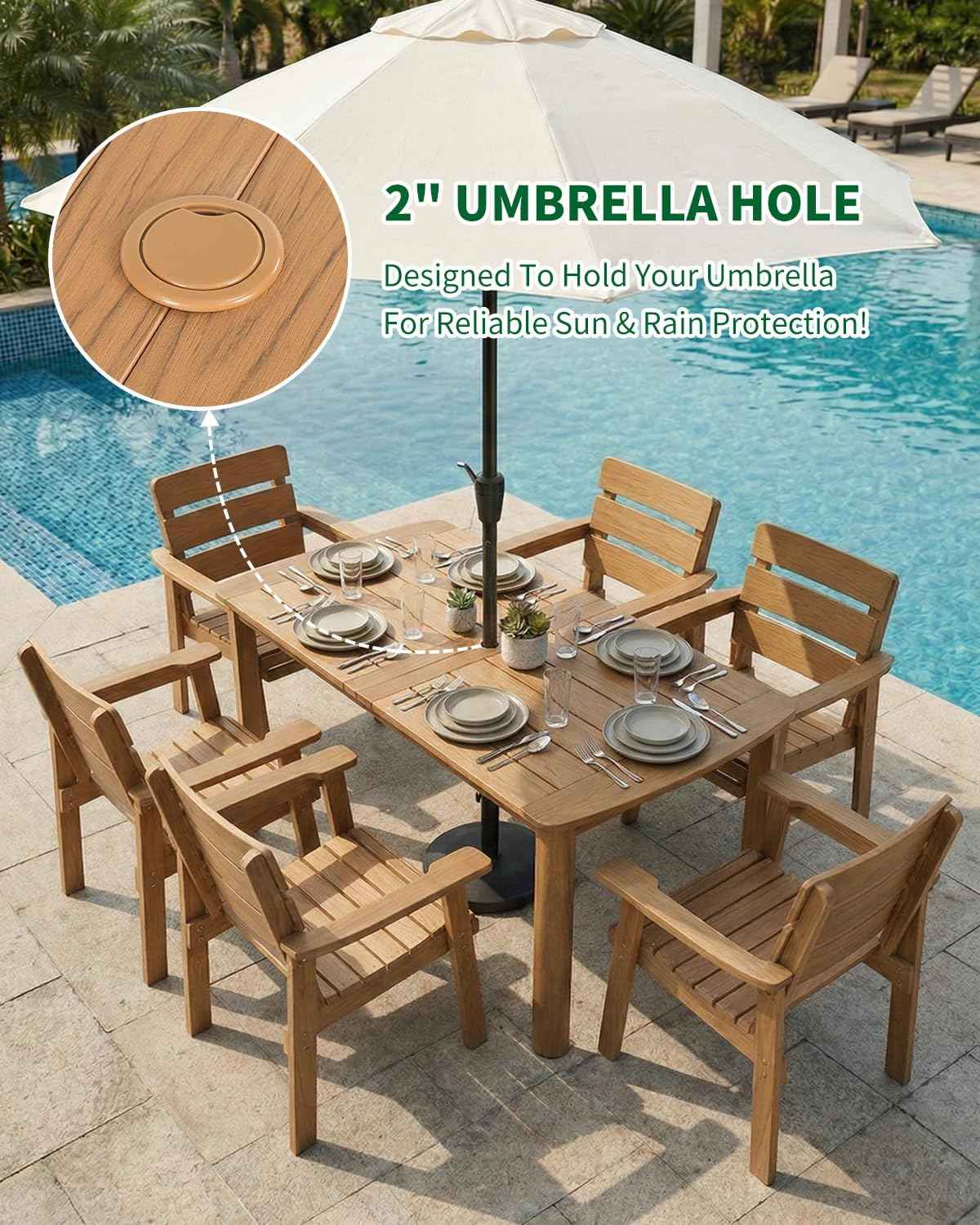 7-Piece Outdoor Dining Set, All-Weather HIPS Patio Table & Chairs for 6, Outdoor Furniture with Umbrella Hole, Ideal for Garden, Poolside, Backyard, Deck, Teak