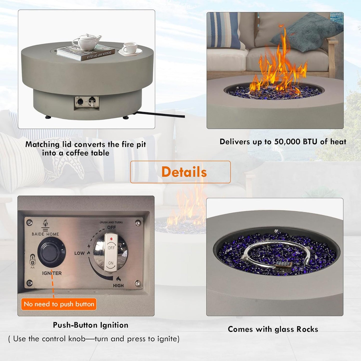Propane Outdoor Fire Pit Table, Flint & Concrete Look 32-inch Round Patio Propane Fire Table 50,000 BTU w/Lid, Glass Rocks, Cover, Pre-Attached 10ft Hose