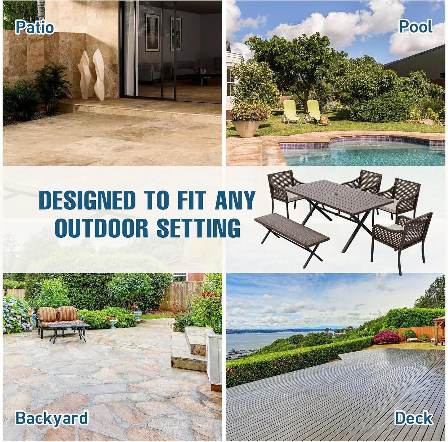 EAGLE PEAK Sienna Bay Outdoor Dining Set for 6, Patio Table Set with Umbrella Hole, All Weather Backyard Table, Chairs and Bench for Lawn, Garden, Deck, 6 Pieces, Brown