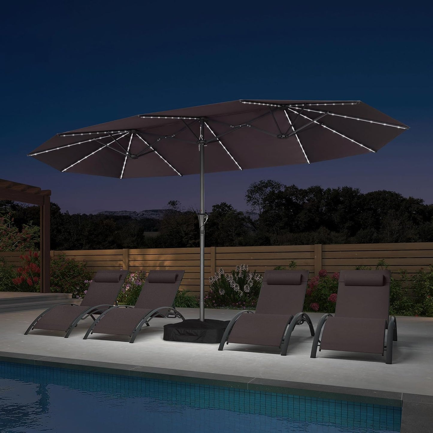 PURPLE LEAF 14ft Patio Umbrella with Solar Lights Outdoor Double-Side Market Umbrella with Base Included Rectangle Table Umbrella for Pool Garden Backyard, Light Grey