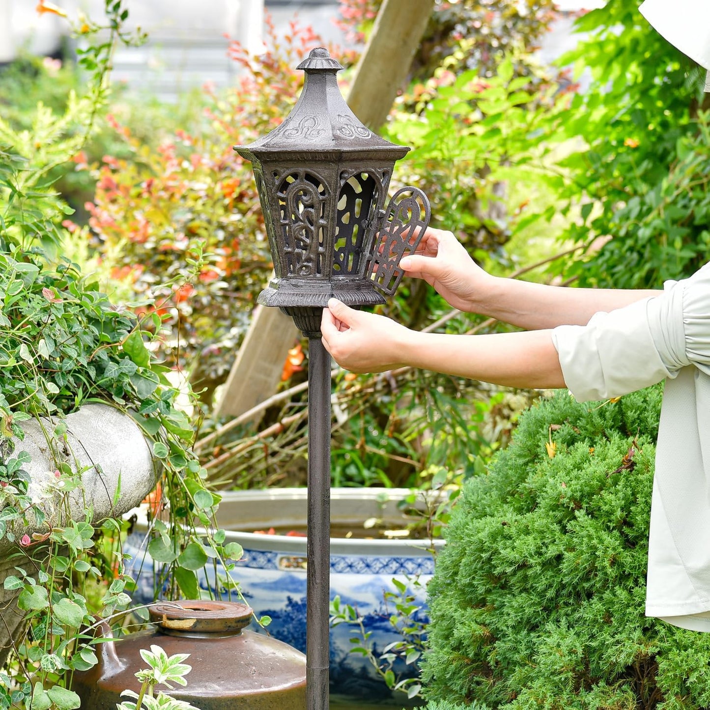 Sungmor Outdoor Decorative Lanterns, 47" Tall Cast Iron Floor Standing Candle Holders, Rustic Lantern Stand for Lawn Yard, Heavy Garden Lamp Post Porch Decor, Large Landscaping Candle Lantern