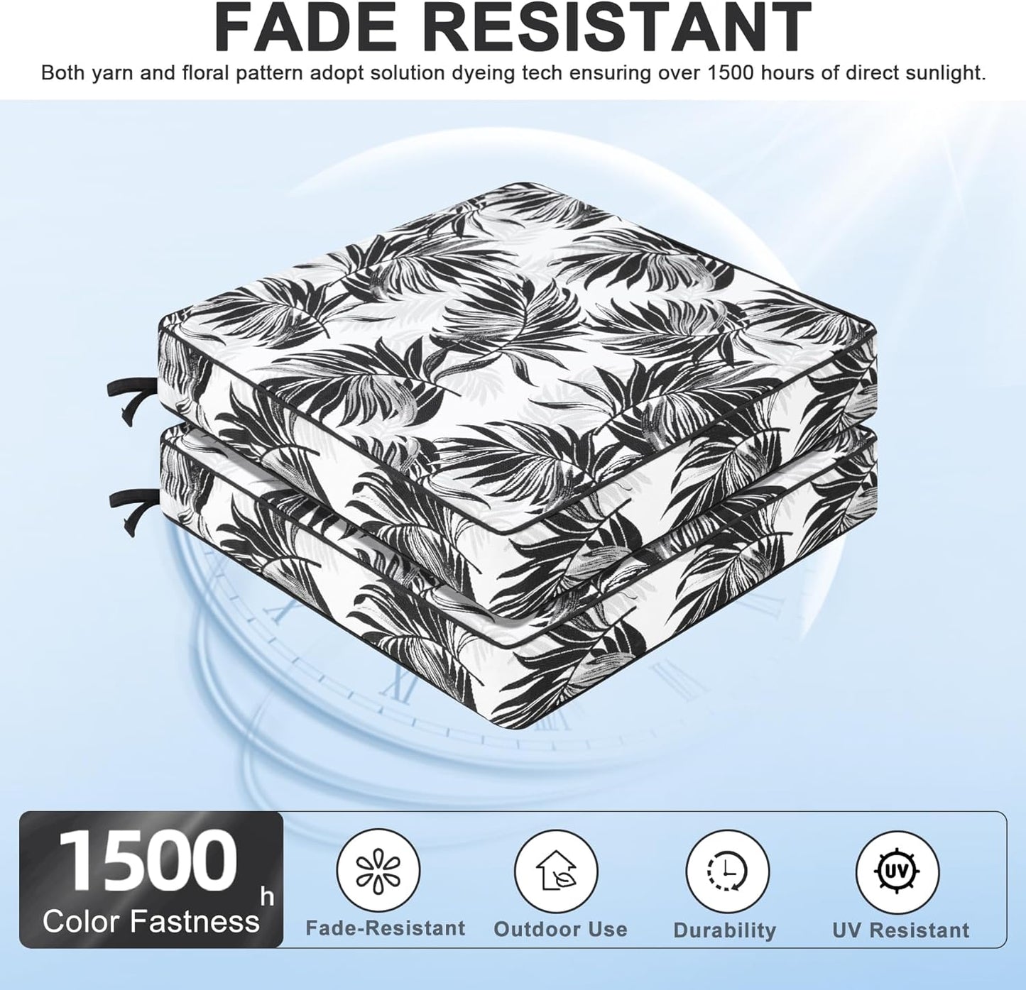 Favoyard Outdoor Chair Cushion 24 x 24 x 4 In Waterproof Pattern Fade Resistant Cushions for Patio Furniture with Removable Cover Attach Straps 28D Foam Insert Cushions Pads for Seat Sofa Couch 2 Pack
