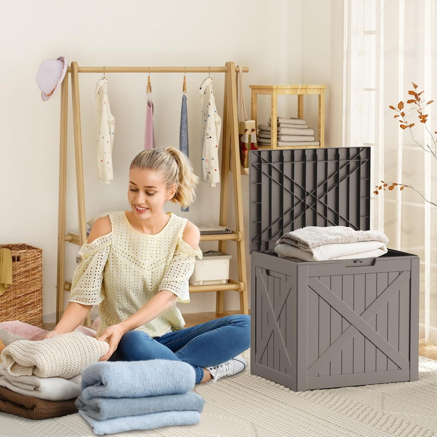 32 Gallon Resin Deck Box, Lockable Outdoor Storage Box for Patio Cushions Storage Furniture,Garden Tools, Pool Supplies, Weatherproof and UV Resistant (Grey X)