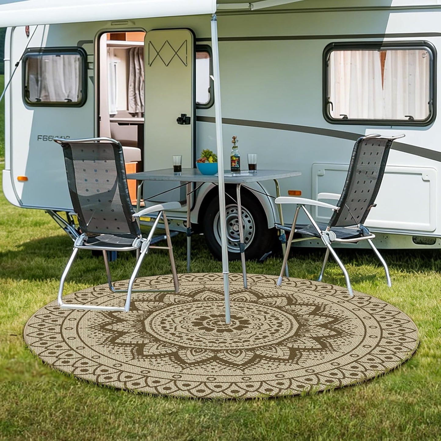 Easy Jute Outdoor Round Rug, 6ft Washable Indoor Outdoor Patio Rug, Brown Non Slip Round Area Rug Farmhouse, Boho Carpet for Backyard Patio