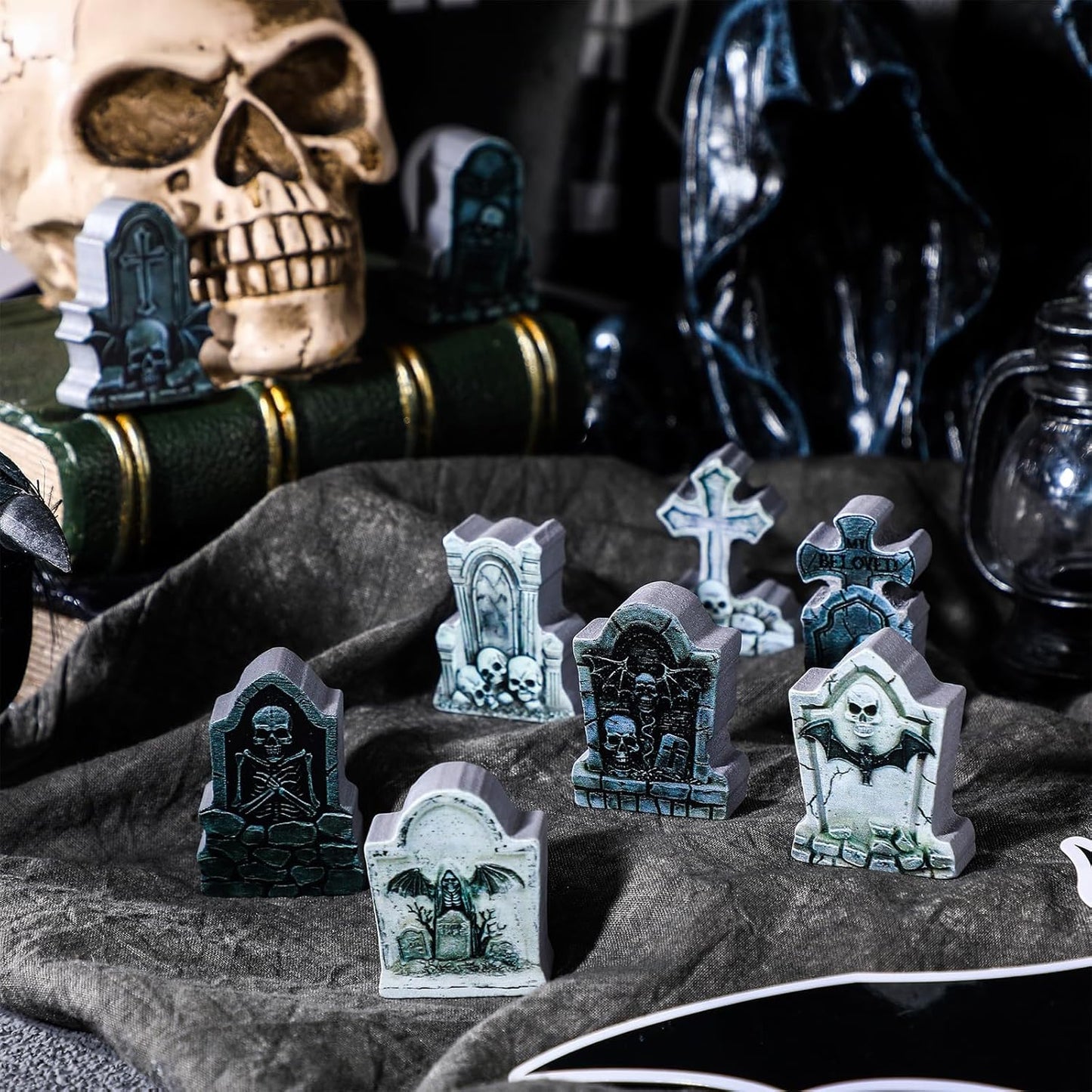 Kathfly 9 Pieces Halloween Miniature Tombstones Mini Village Tombstones Halloween Figurines Miniature Spooky Town for DIY Crafts Outdoor Home Garden Decor(Double Color Style)