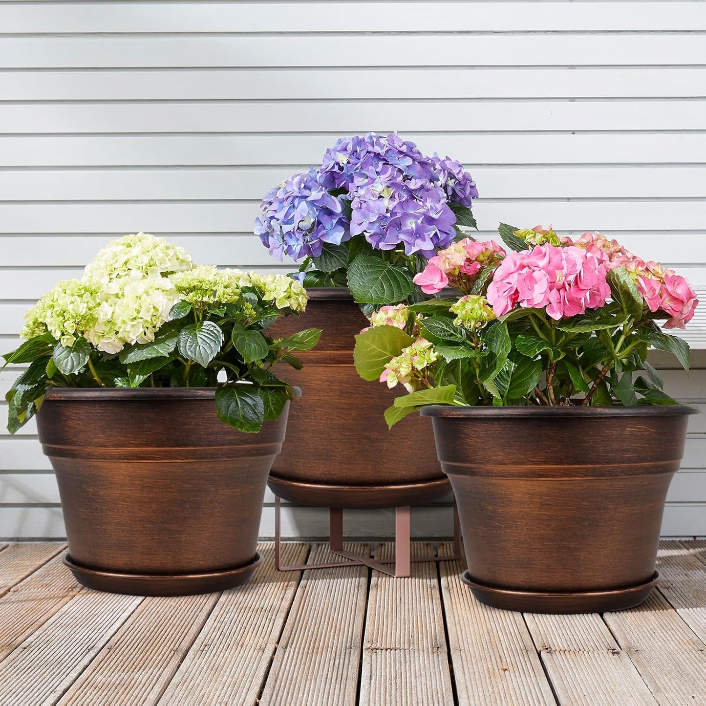 Plant Planters Pots Set of 4 Pack 8 Inch, Plastic Flower Pot for Indoor Plants with Drainage Holes & Trays, Resin Decorative Container Sets with Saucer for House Outdoor Garden Planters Copper