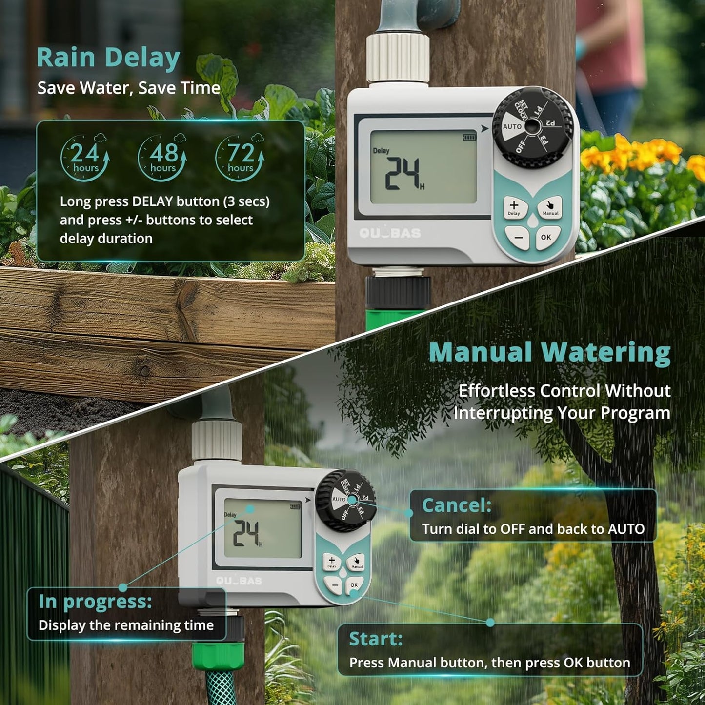 QUOBAS Low Pressure Water Timer, Weekly Programmable Sprinkler Timer with Brass Inlet & Outlet for Rain Barrel, Garden Hose, with Ball Valve & Waterproof Screen, Rain Delay/Manual/Auto Modes