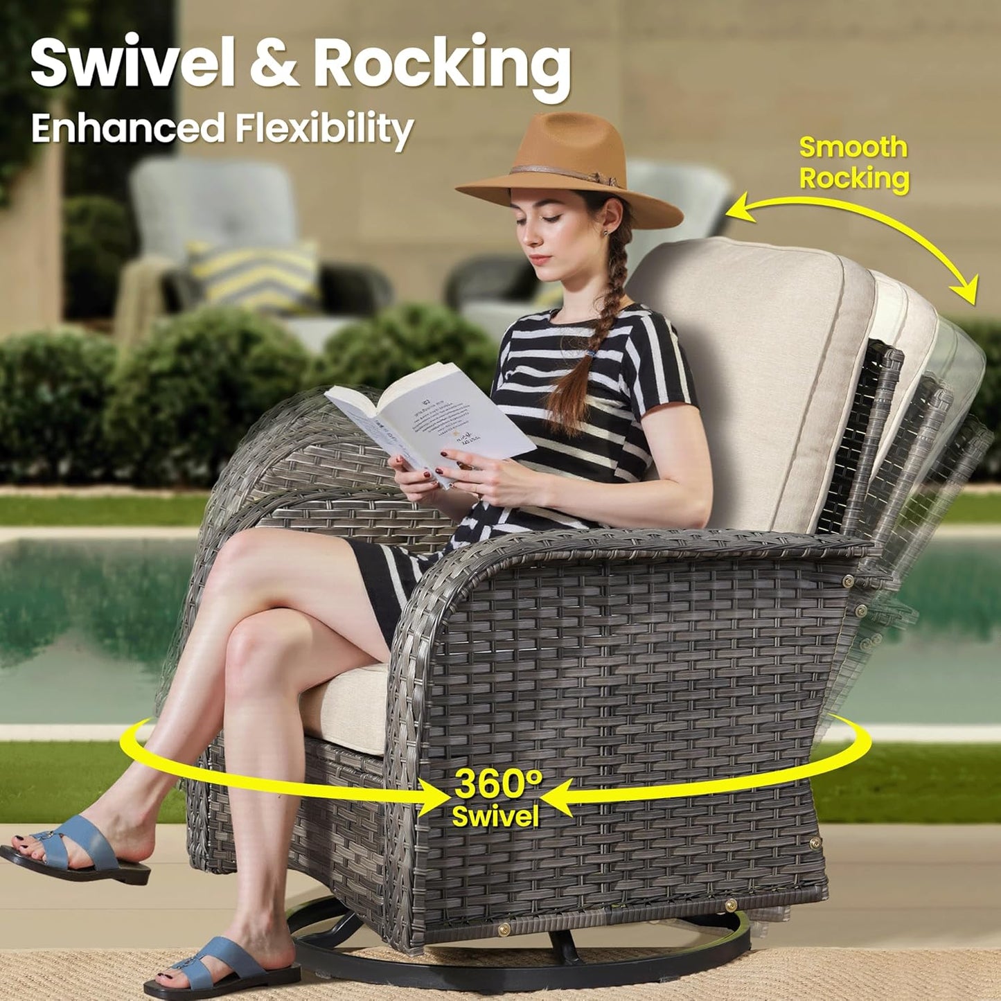 ovios 5 Pieces Patio Furniture Set, Outdoor Wicker Sofa with Swivel Chairs, Coffee Table, All Weather High Back Rattan Loveseat Couch with Comfy Cushions, Beige